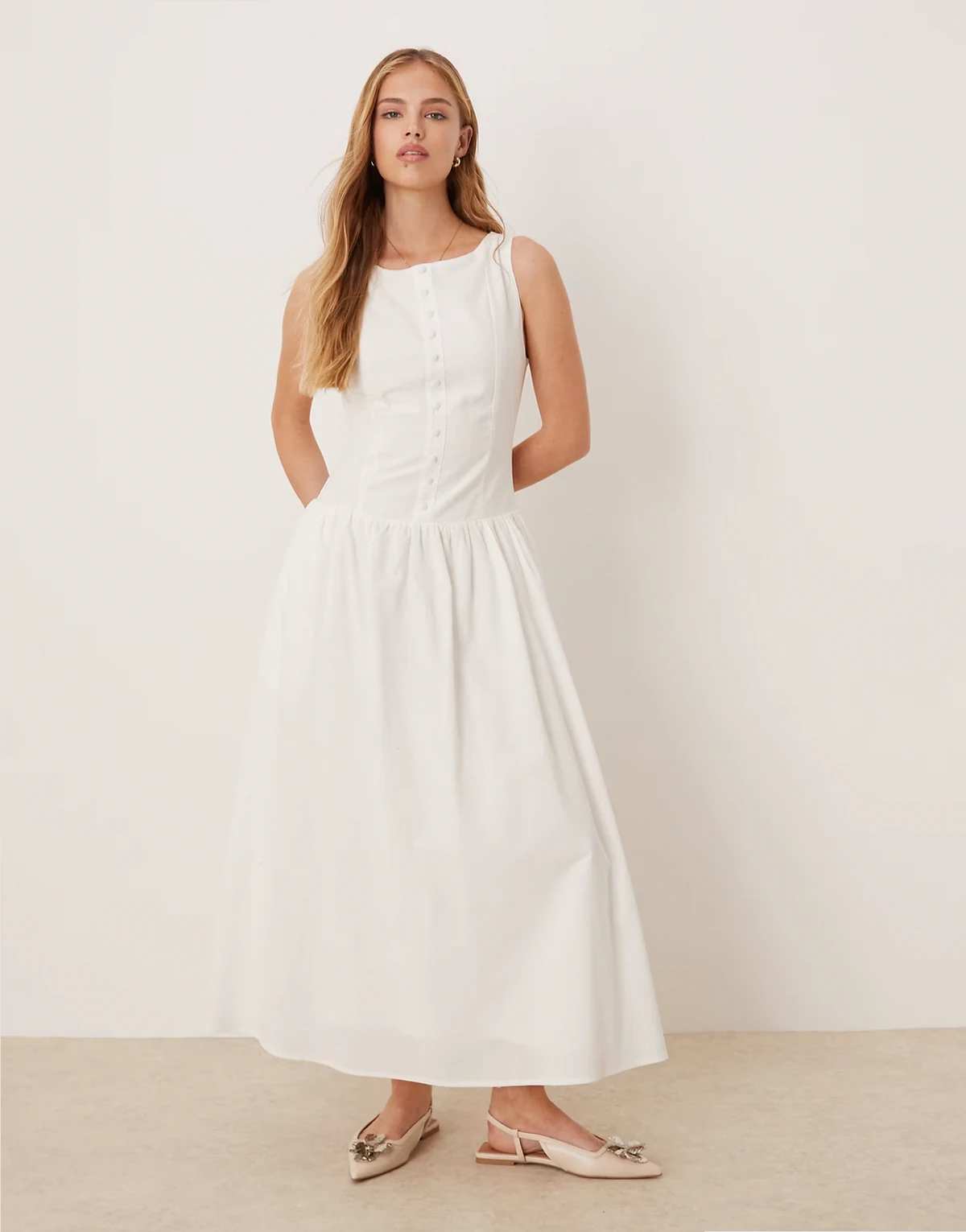 drop waist vest maxi dress in off white
