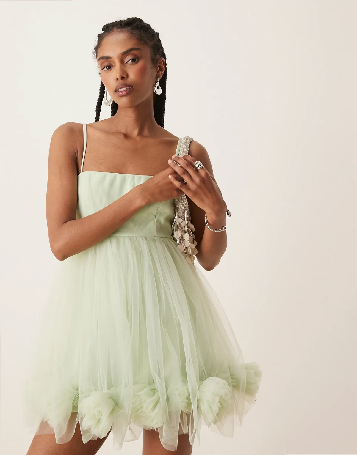 bubble hem babydoll tulle mini dress in pistachio