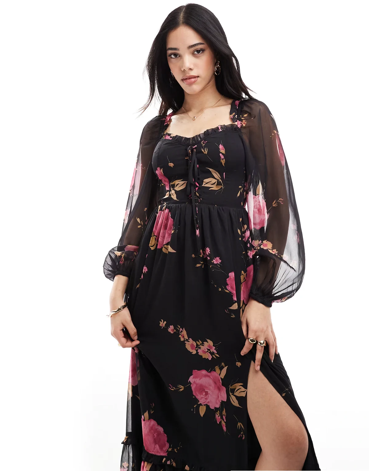 – Maxikleid mit Korsett-Detail und Rosenmuster