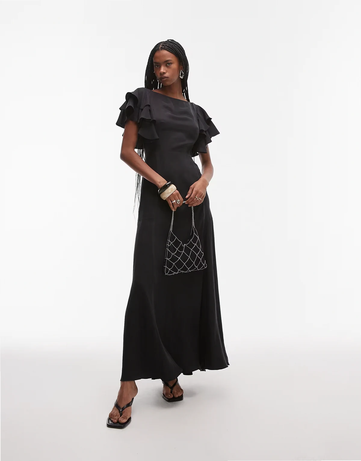 maxi dress with ruffle sleeves and open back in black