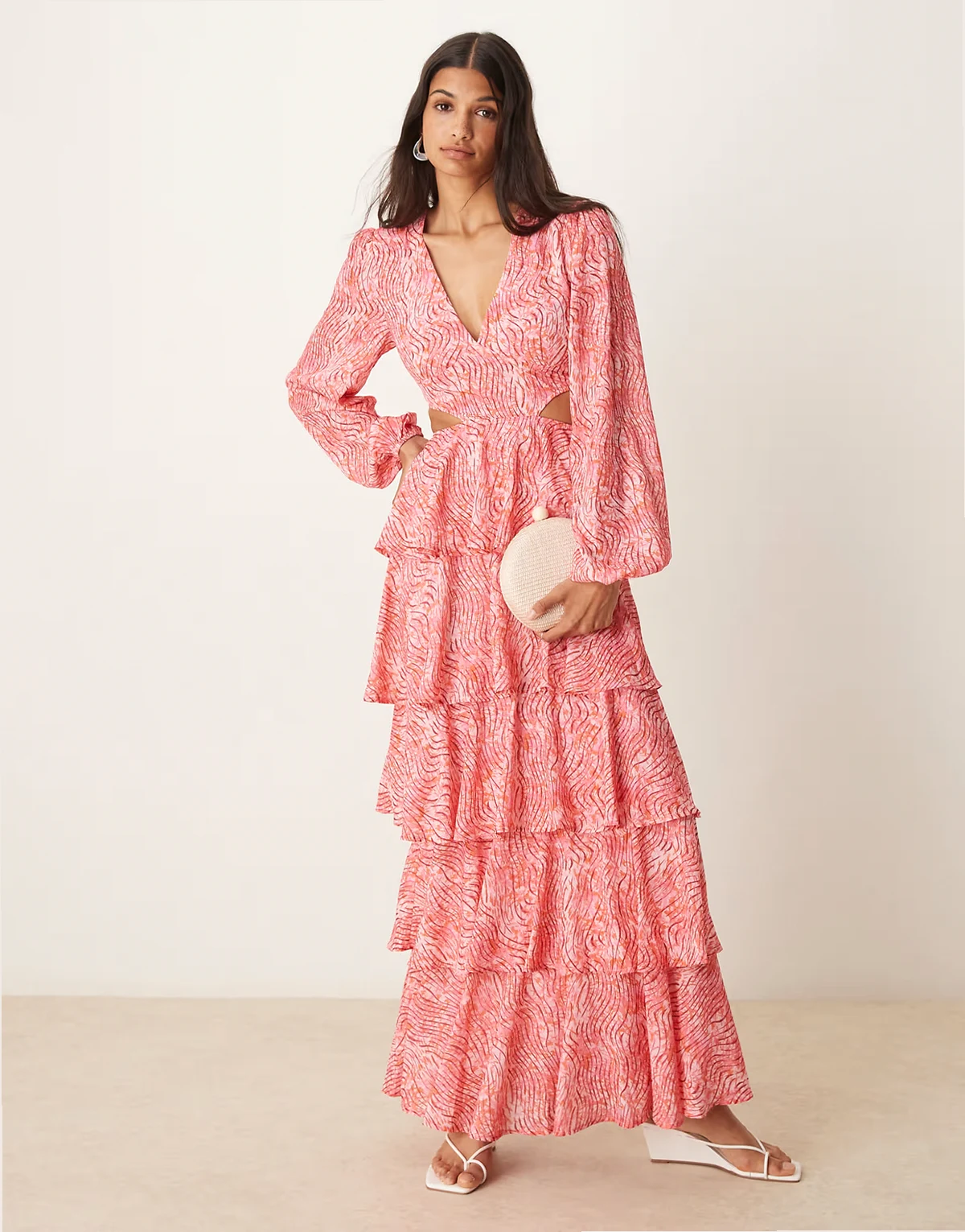 Ashton cut-out ruffle maxi dress in coral abstract print