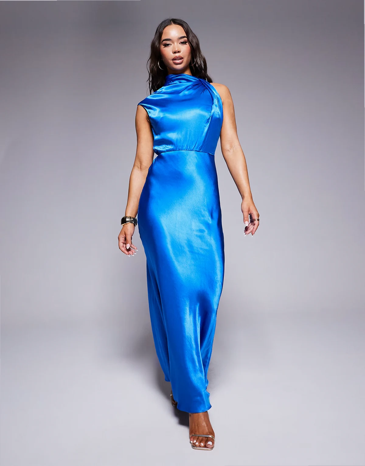 high neck satin maxi dress in blue