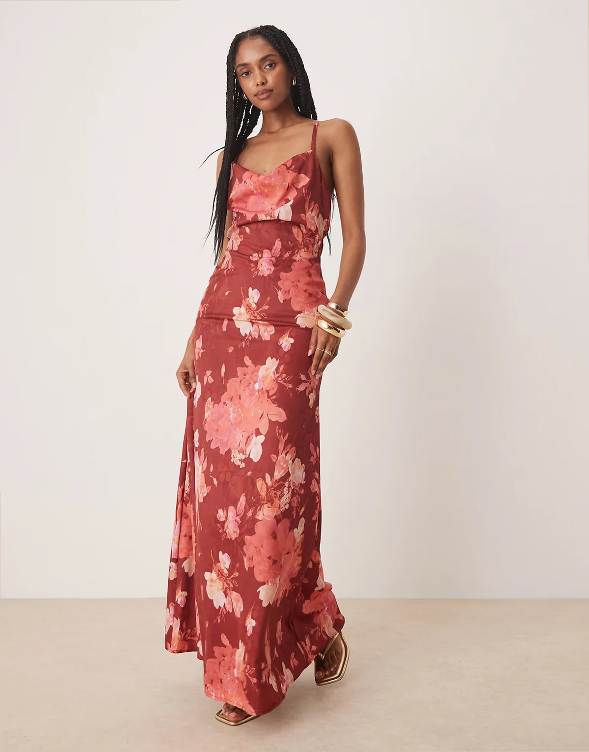 cowl neck maxi slip dress in red rose floral