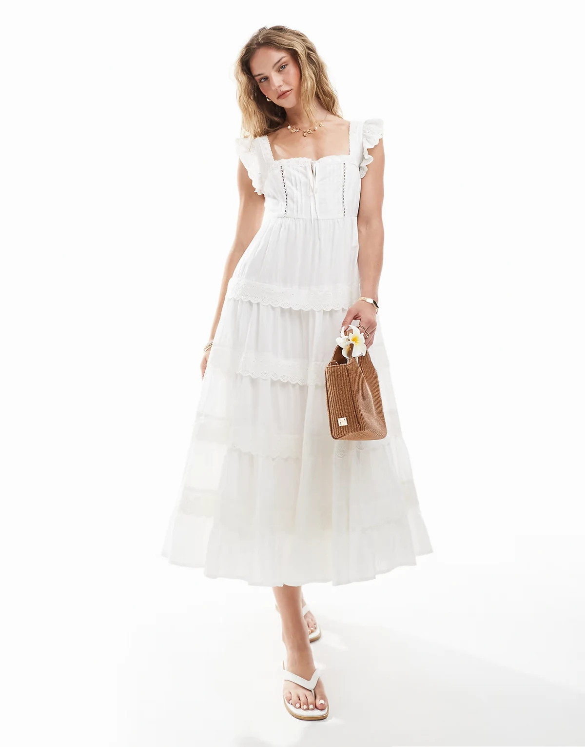 – Babydoll-Midikleid in Weiß mit Lochstickerei