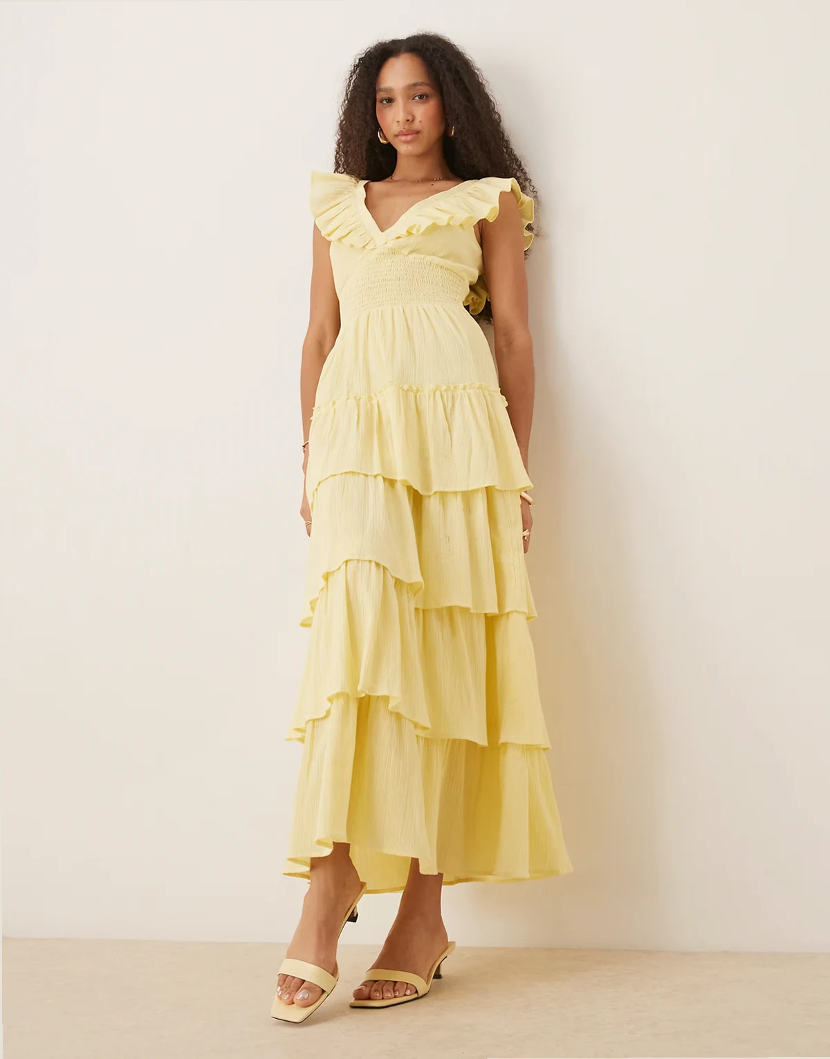 shirred ruffles maxi dress in lemon