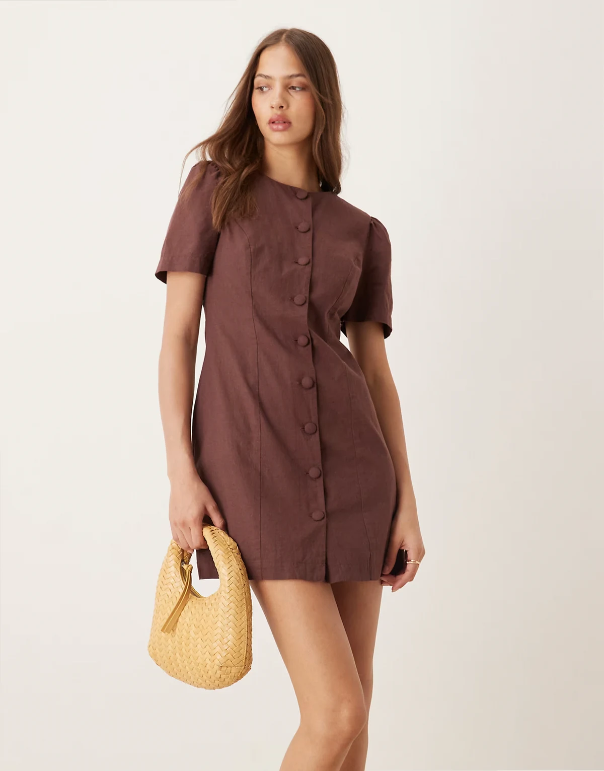 Tara puff sleeve tailored mini dress in brown