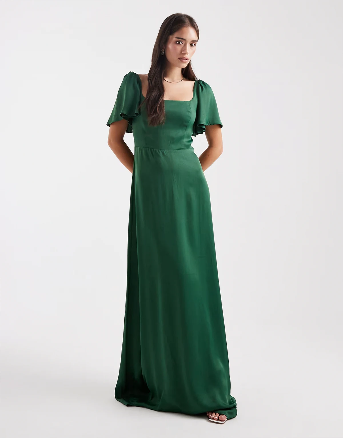 Bridesmaid square neck flutter sleeve maxi dress in emerald