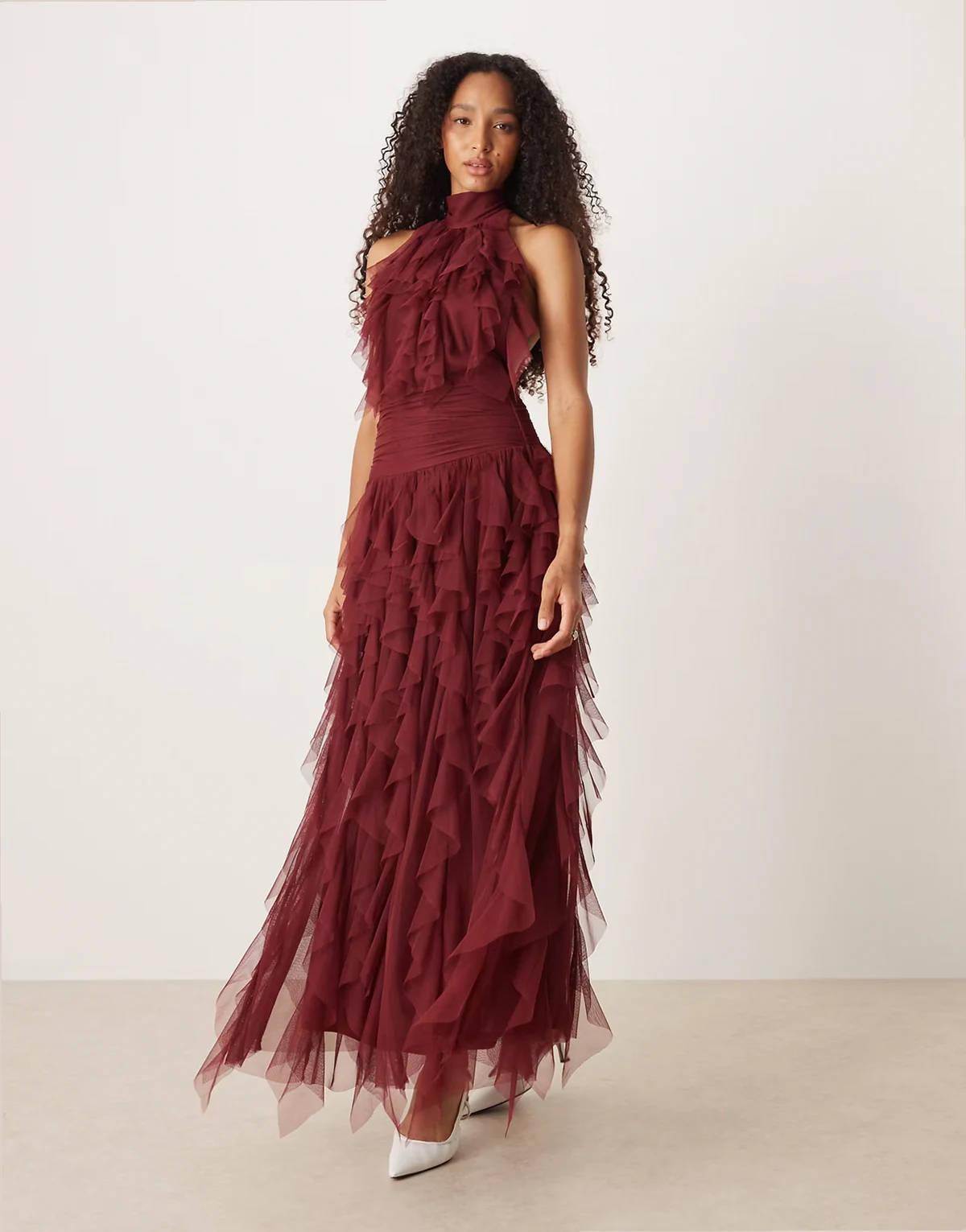 backless ruffle maxi dress in burgundy