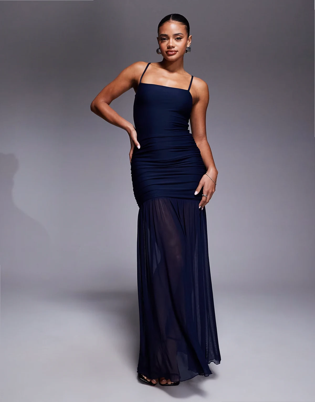 exclusive structured square neck contrast skirt sheer hem maxi dress in navy