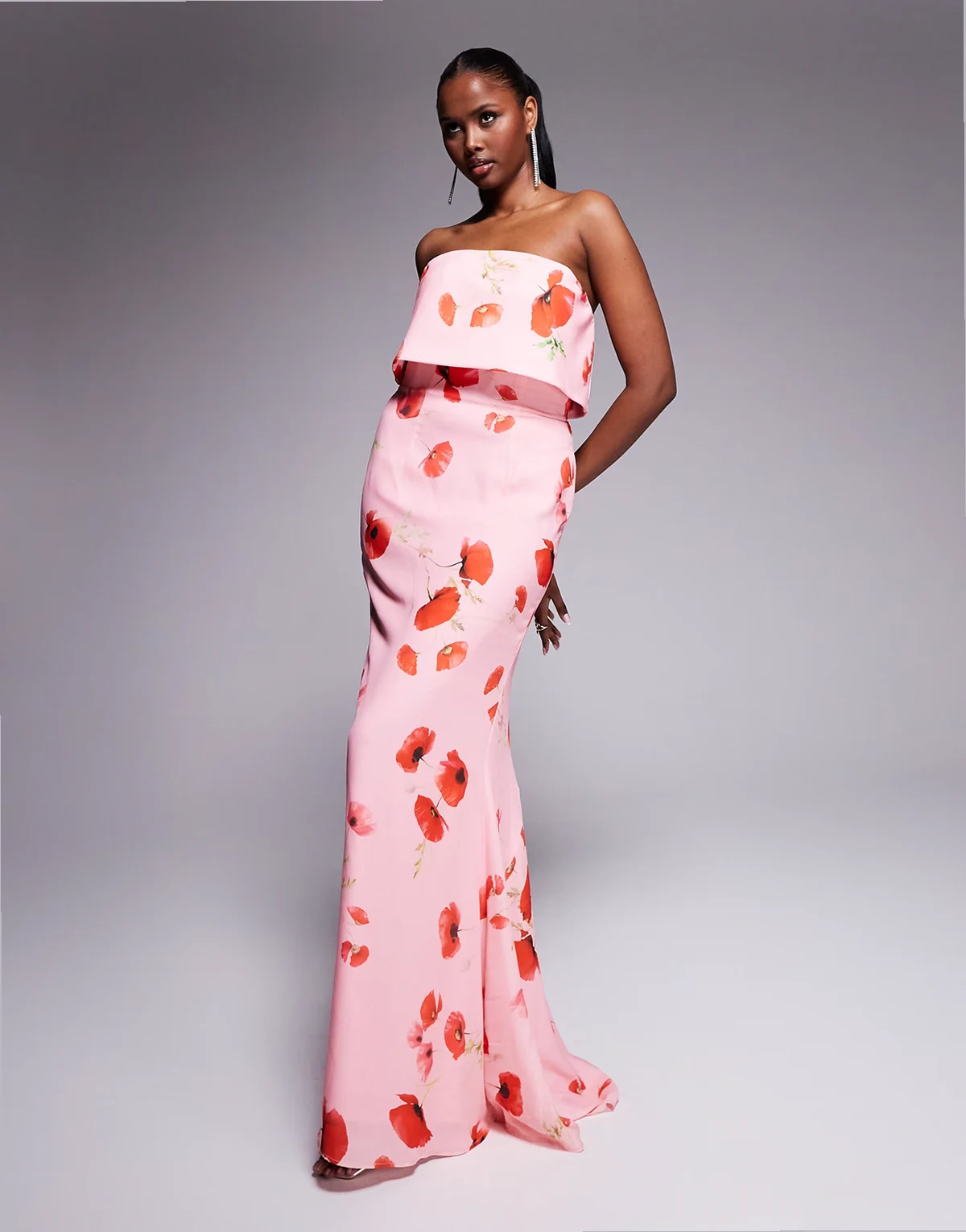 bandeau maxi dress in pink poppy print