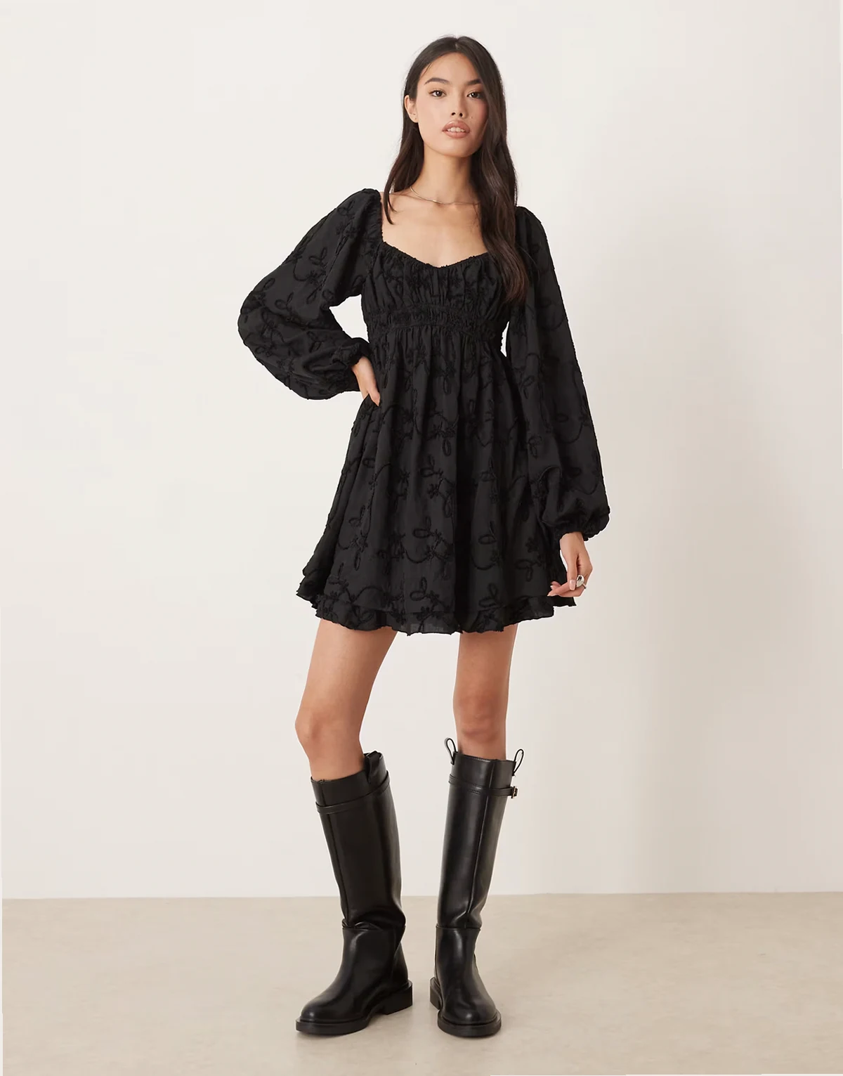 bonet long sleeve jacquard babydoll dress in black