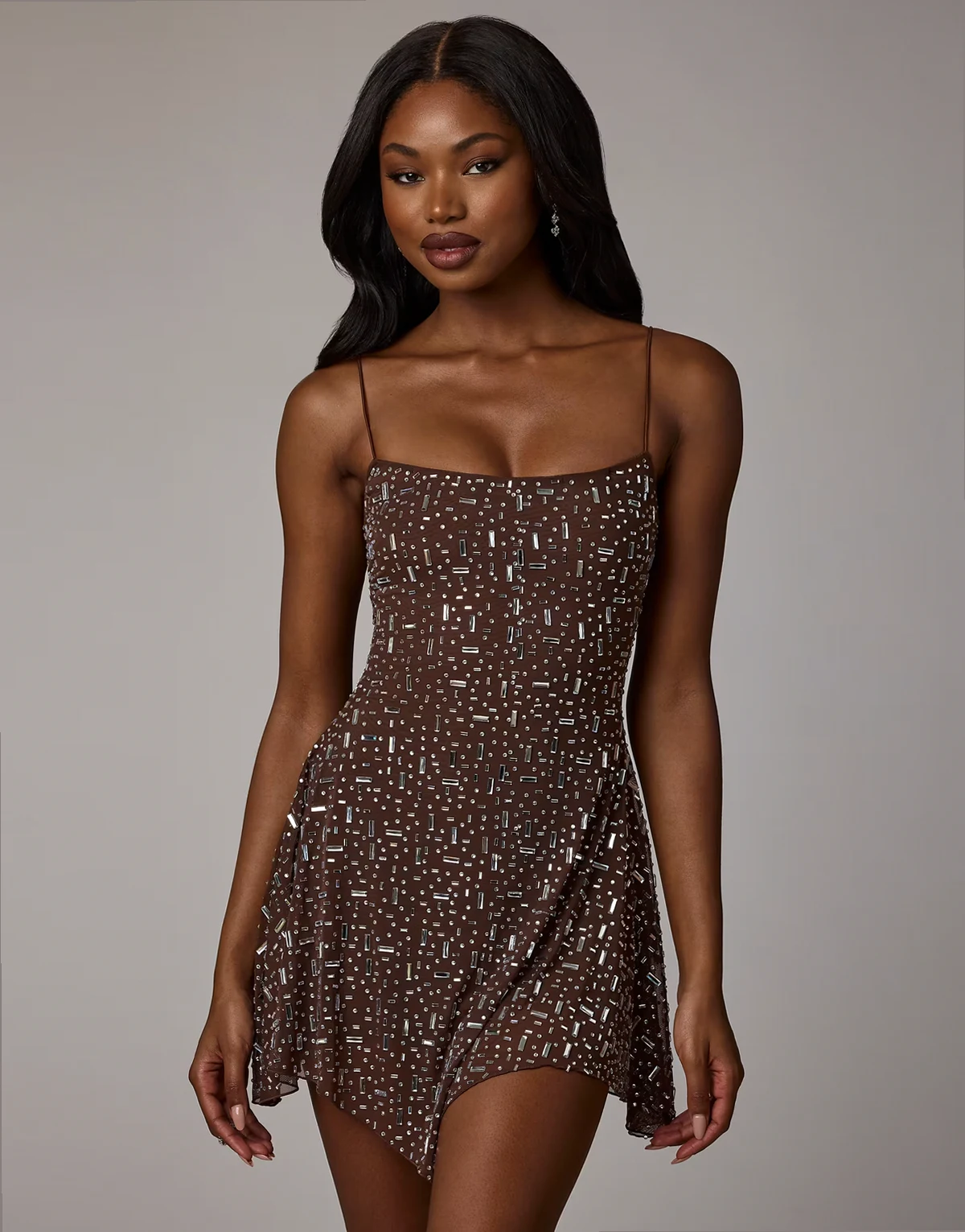 hanky hem hot fix embellished mini dress in brown