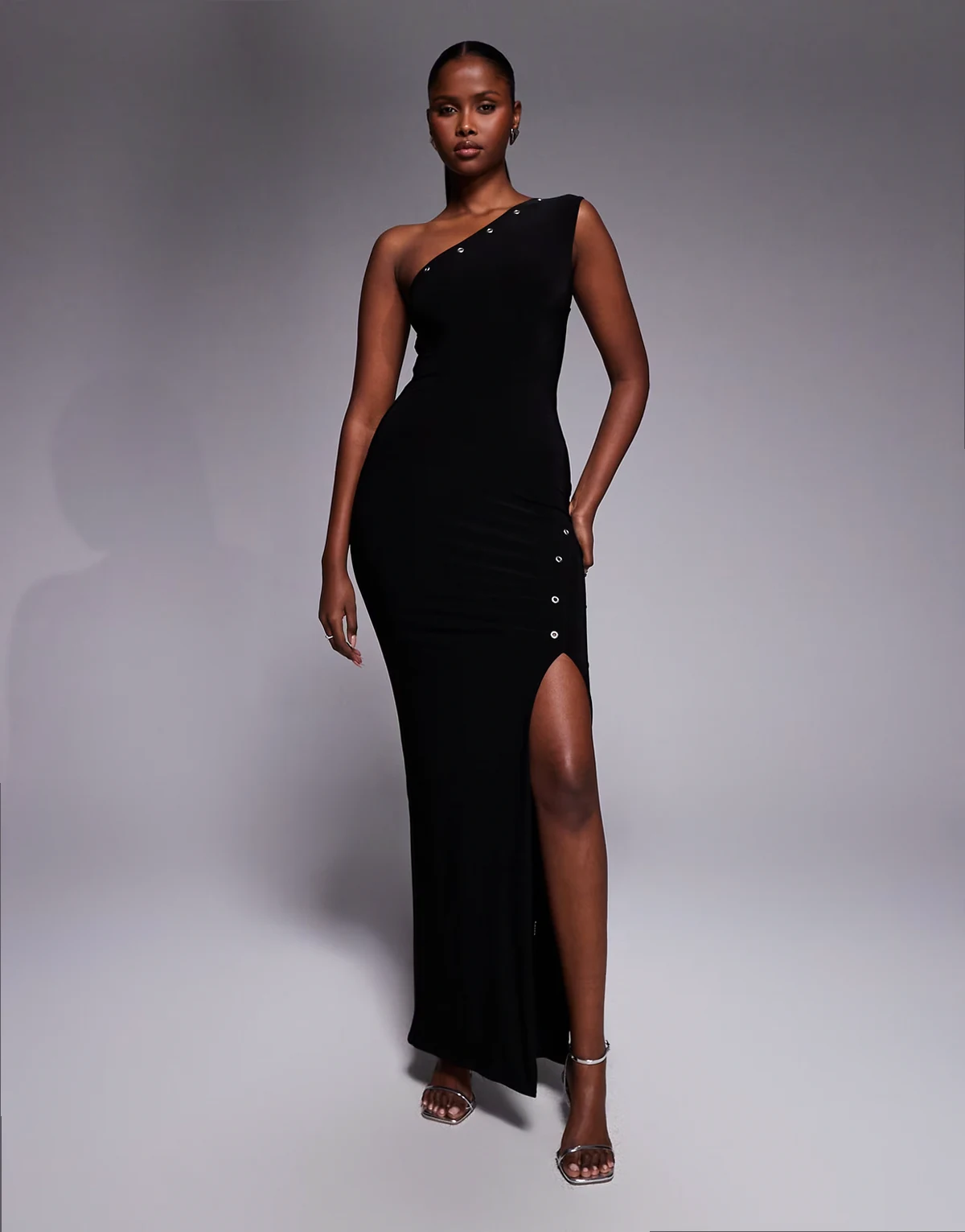 exclusive double layered slinky one shoulder eyelet detail thigh split maxi dress in black