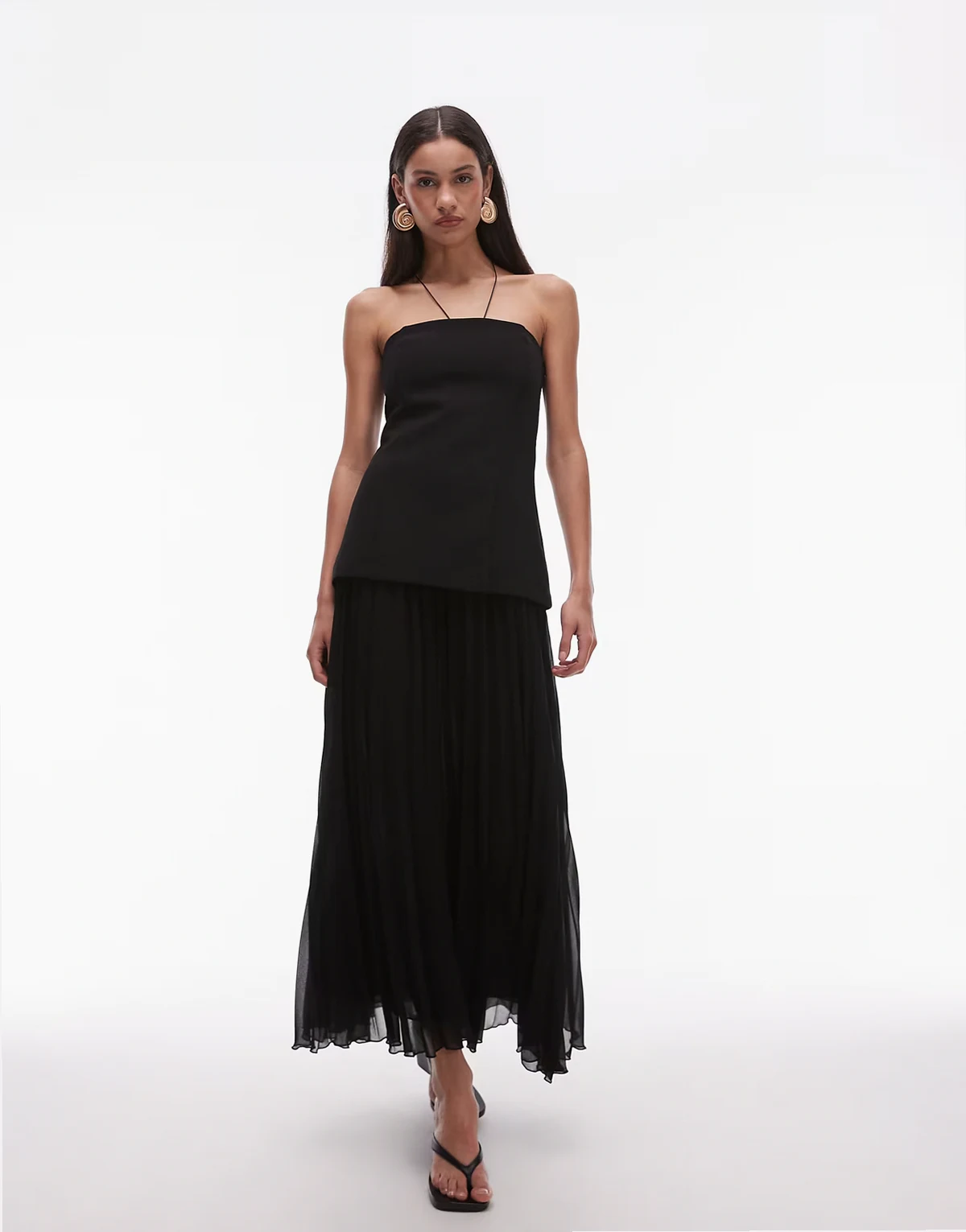– Midikleid mit Chiffonrock mit Falten in Schwarz