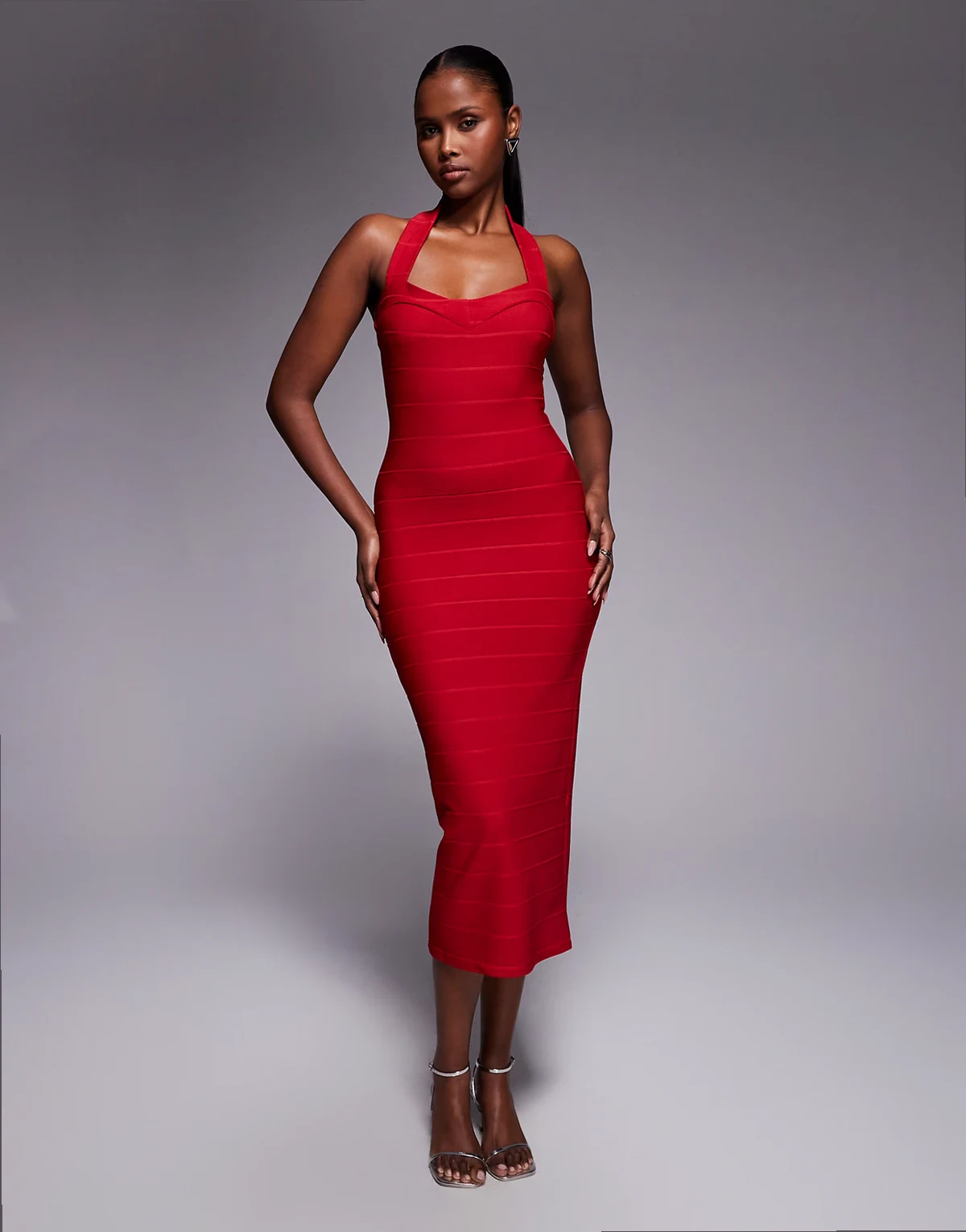 exclusive halterneck sweetheart neckline bandage midaxi dress in red