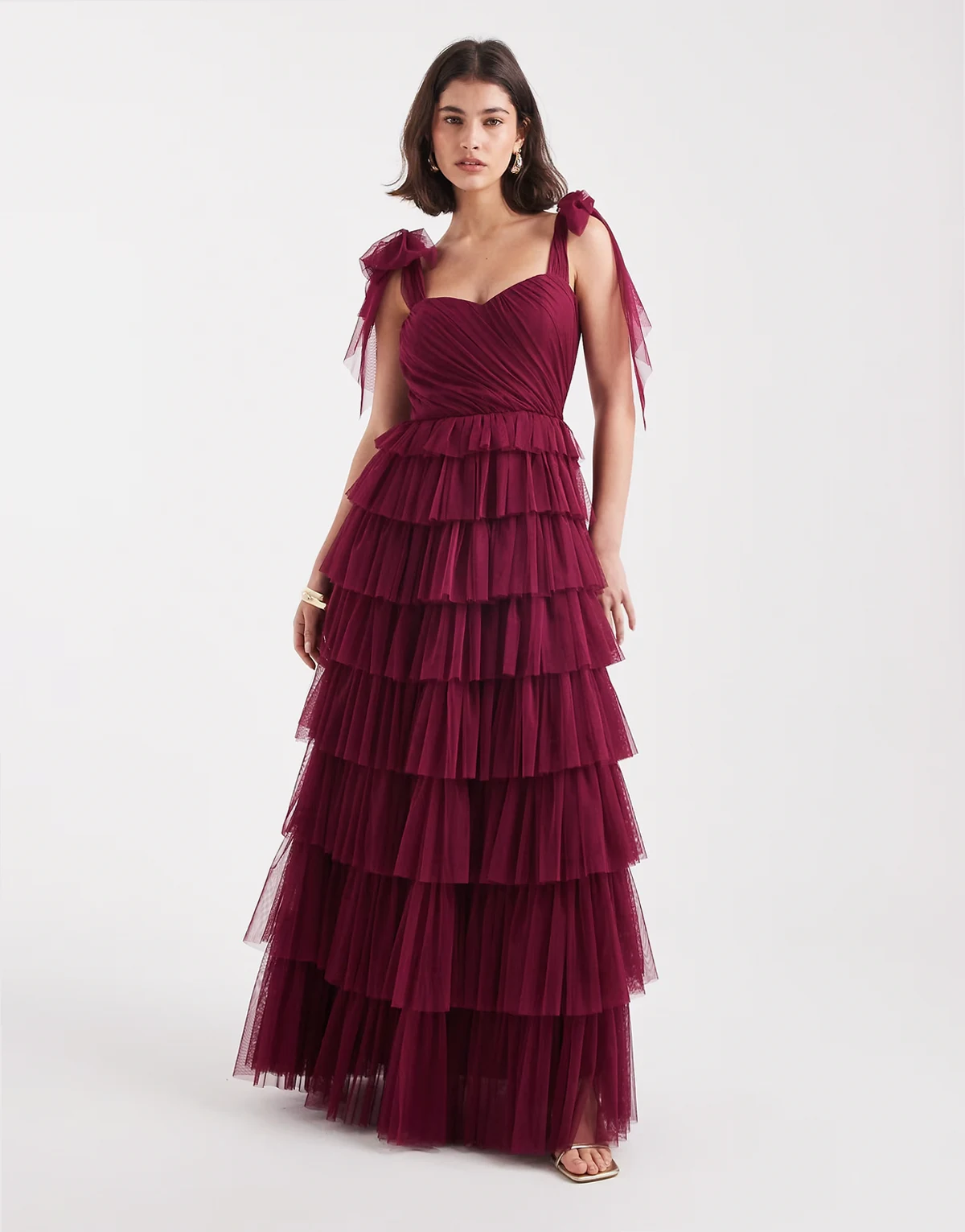 Bridesmaid bow shoulders tulle maxi dress in fig