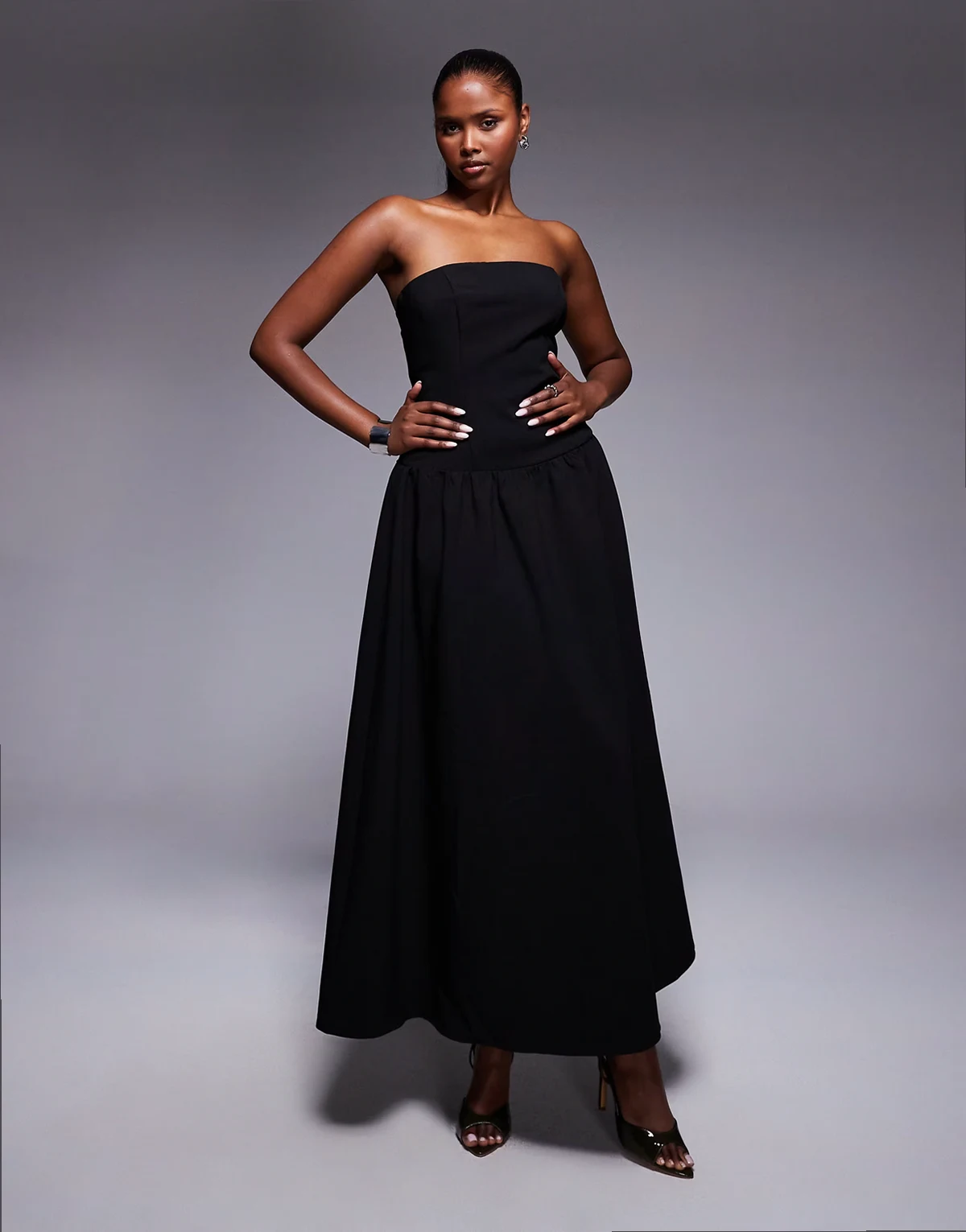 exclusive structured bandeau drop waist gathered skirt maxi dress in black