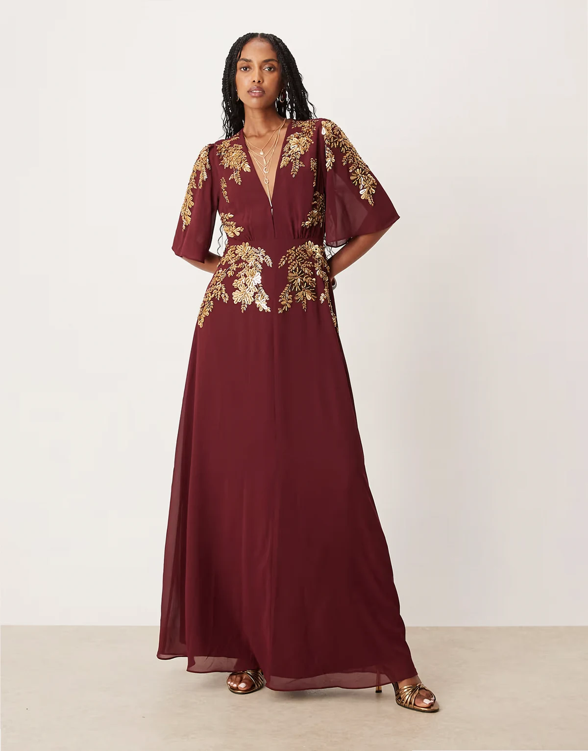 v-neck embellished maxi dress in burgundy