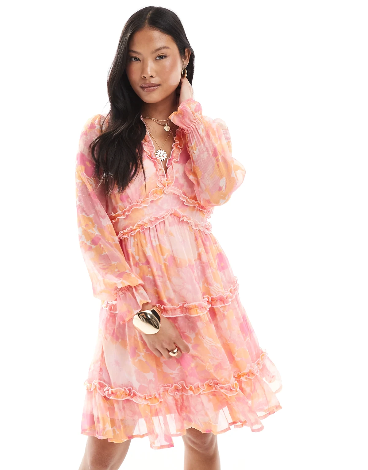– Smilla – Mini-Hängerkleid in Rosa mit Rüschen und verschwommenem Blumenmuster