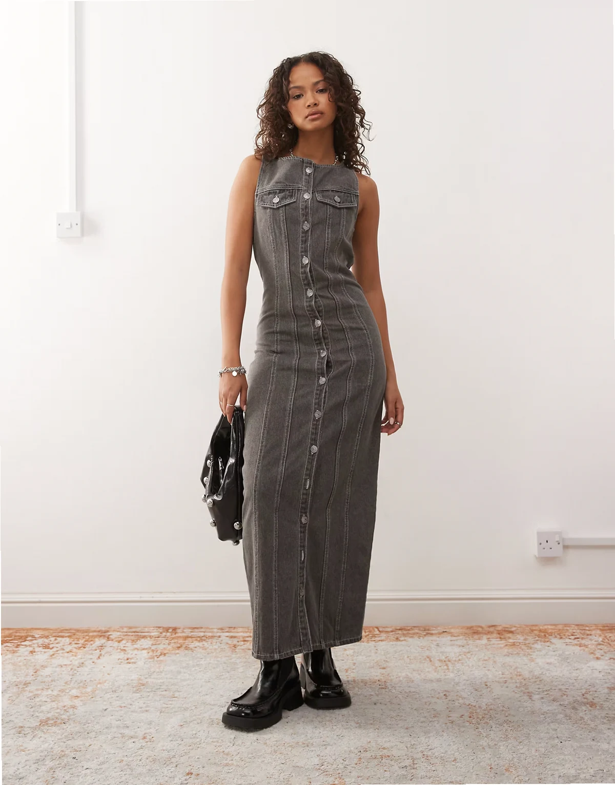 paneled button up maxi dress in gray