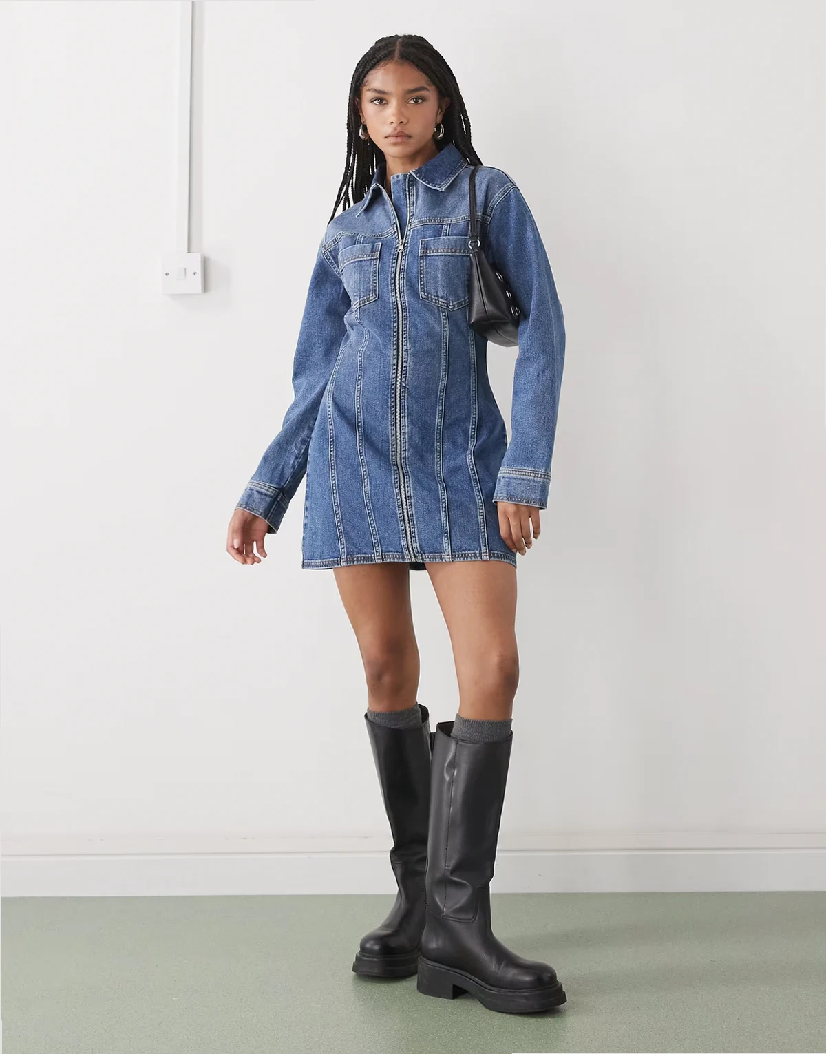 – Langärmliges Jeanshemdkleid in Mittelblau