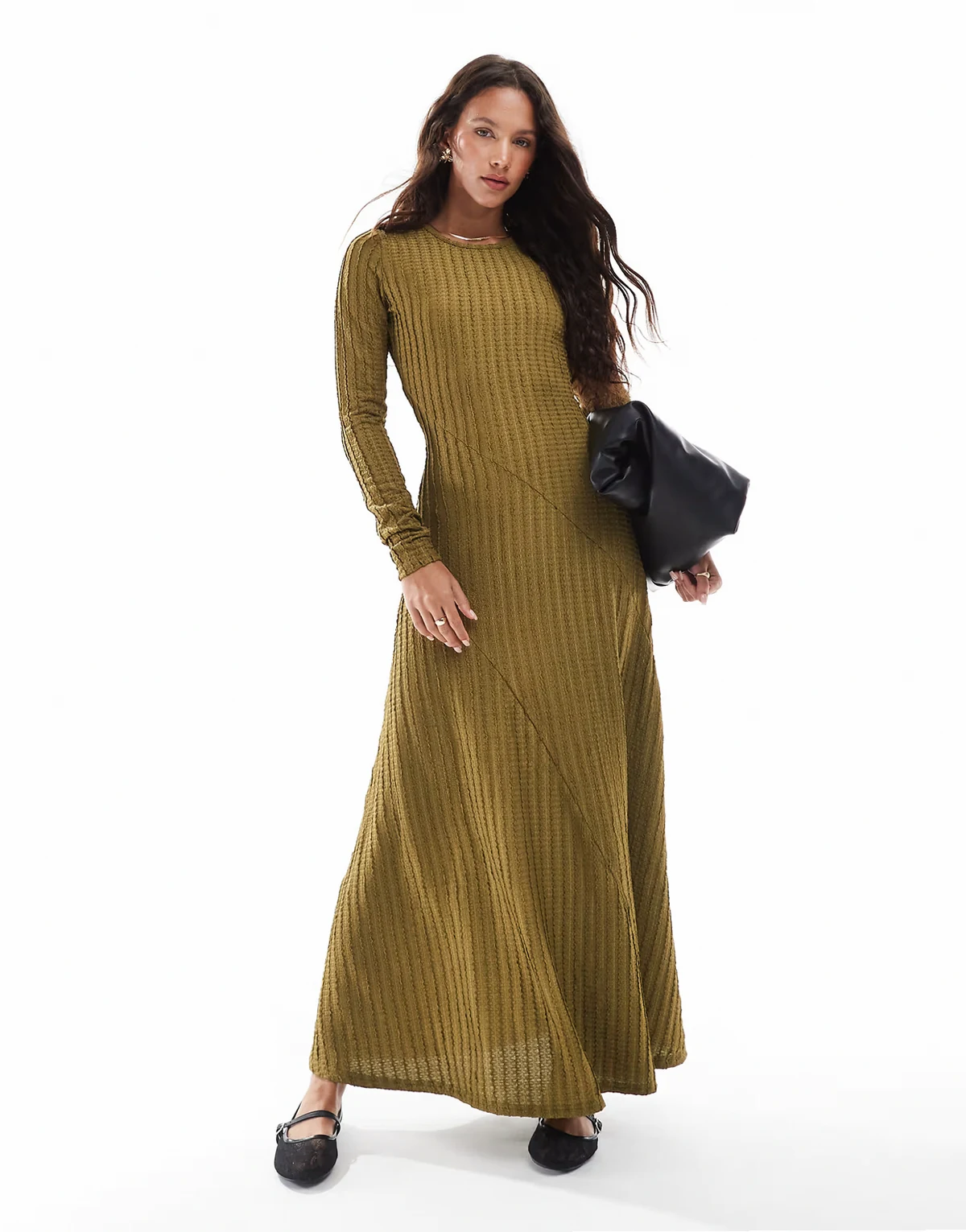 long sleeve ribbed textured maxi dress in olive green