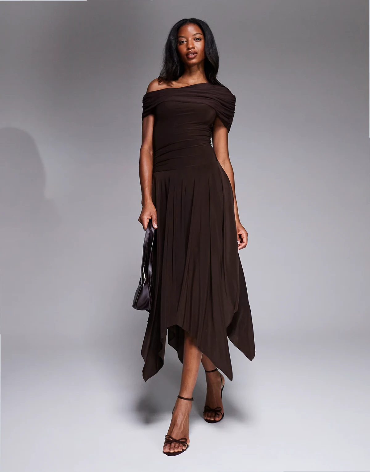 exclusive double layered slinky asymmetric drape detail drop waist fairy hem maxi dress in chocolate