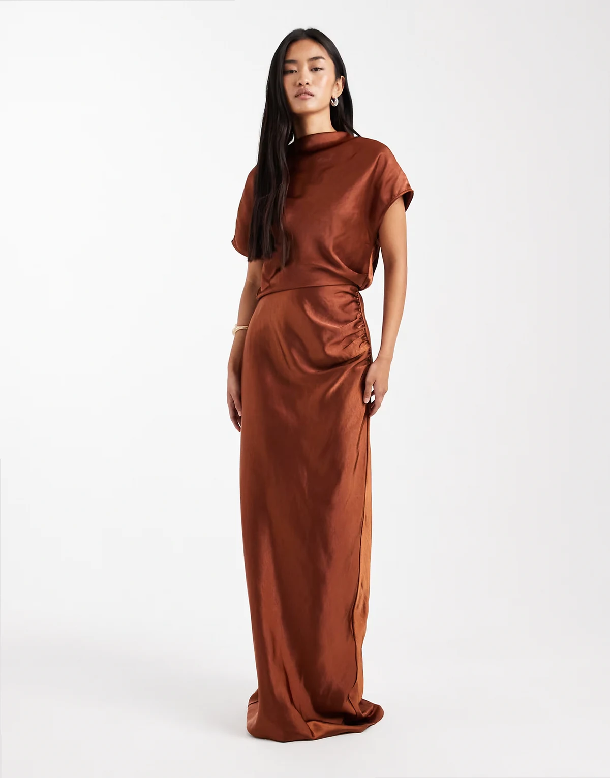 Bridesmaid ruched drape satin maxi dress in rust