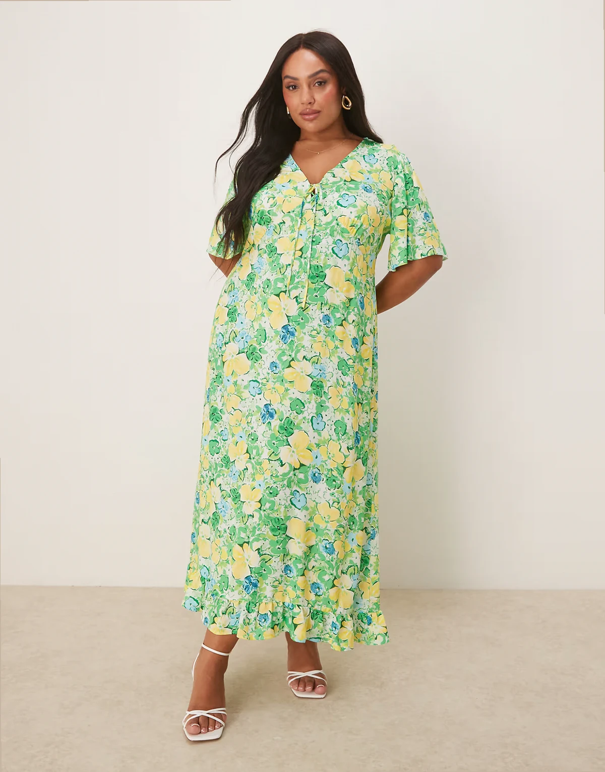 – Dahlia – Mittellanges Freizeitkleid mit Blümchenmuster in Grün und Gelb