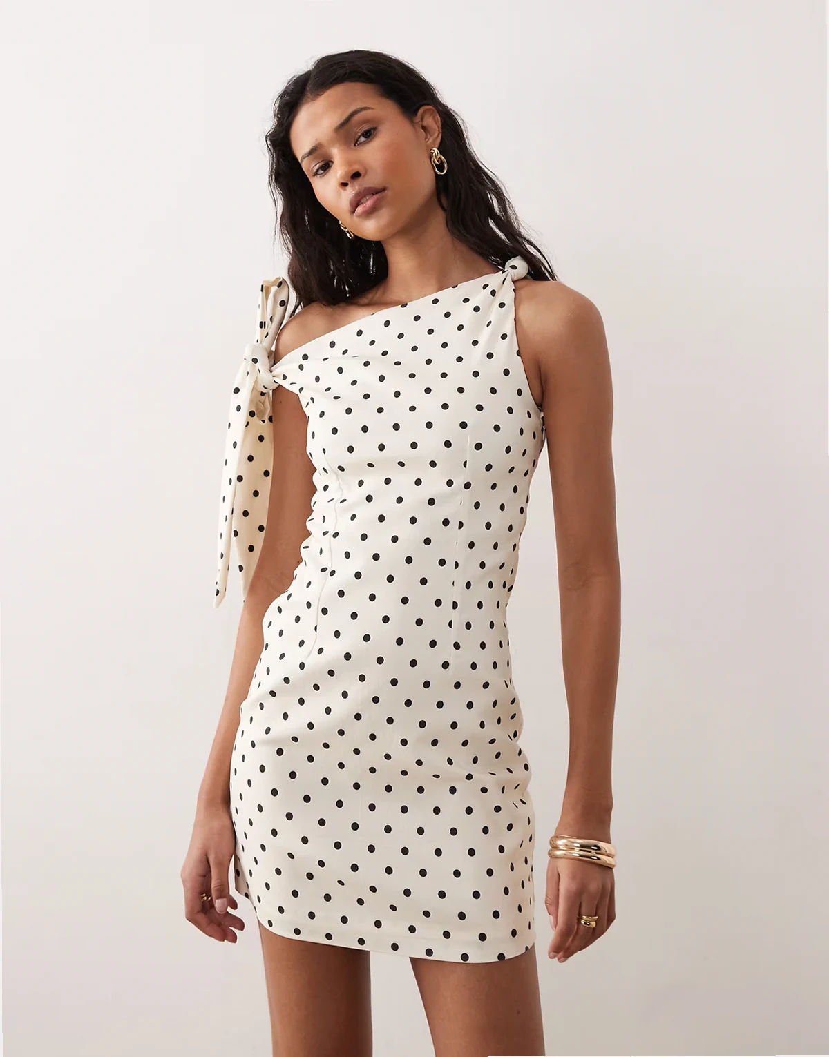off the shoulder polka dot mini dress in white