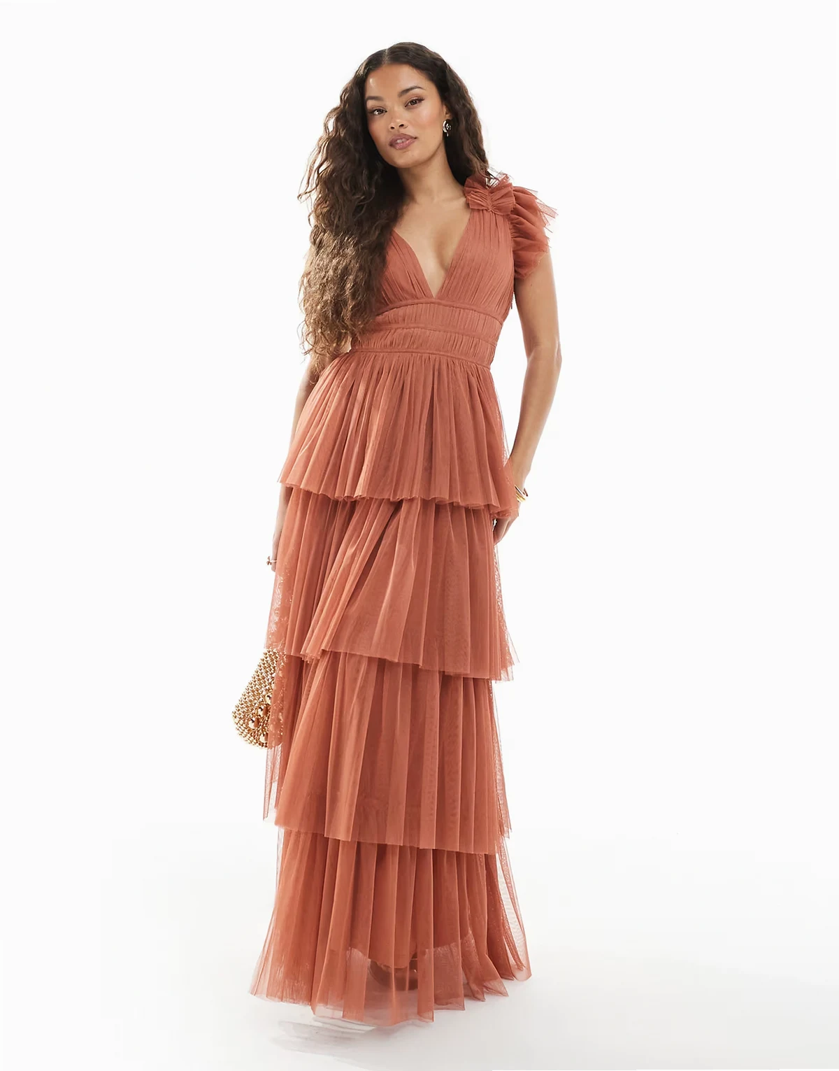 Bridesmaid – Tiulowa sukienka kaskadowa maxi z falbankami w różanym odcieniu terakoty