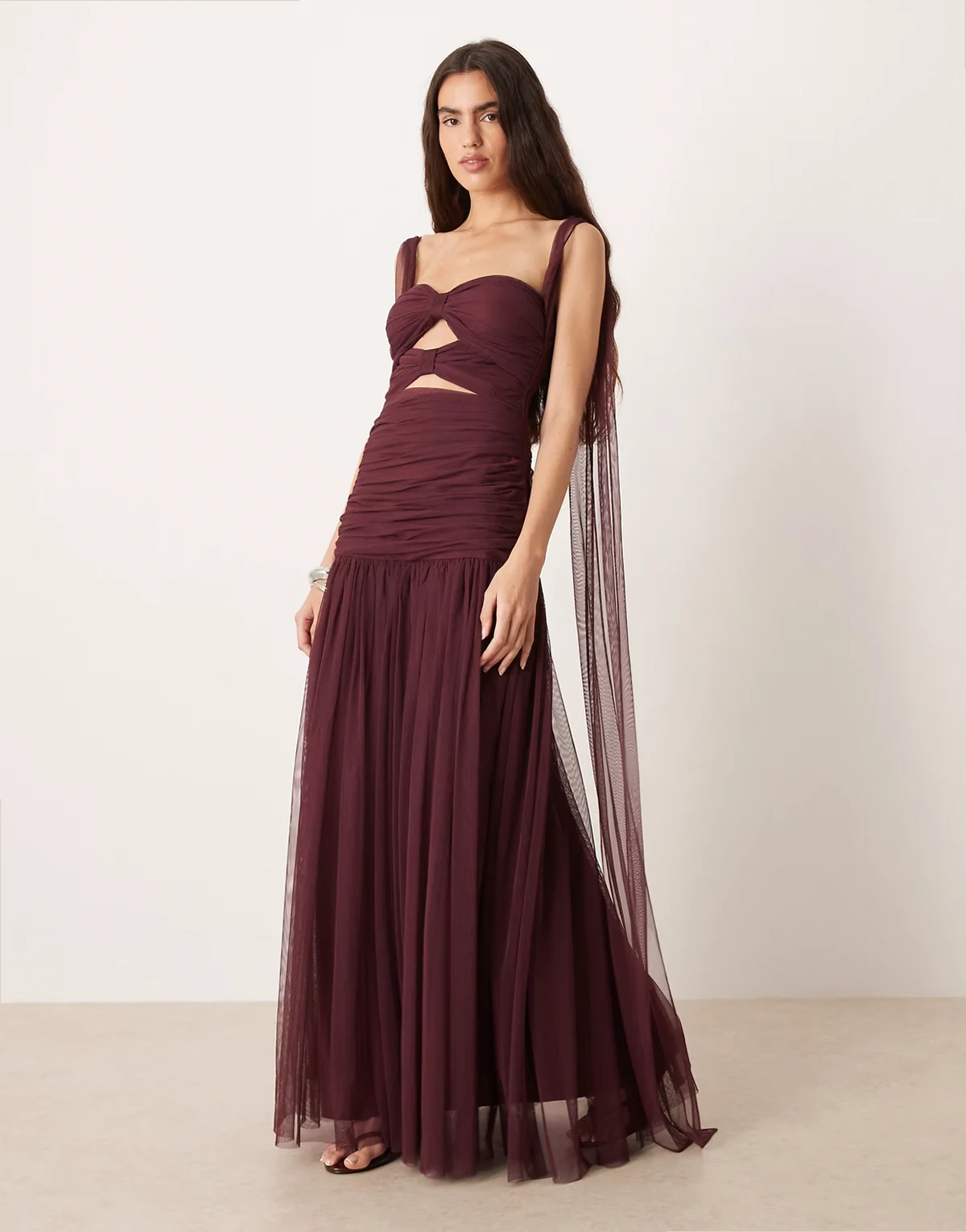 tulle double bow detailing cut out maxi dress in plum