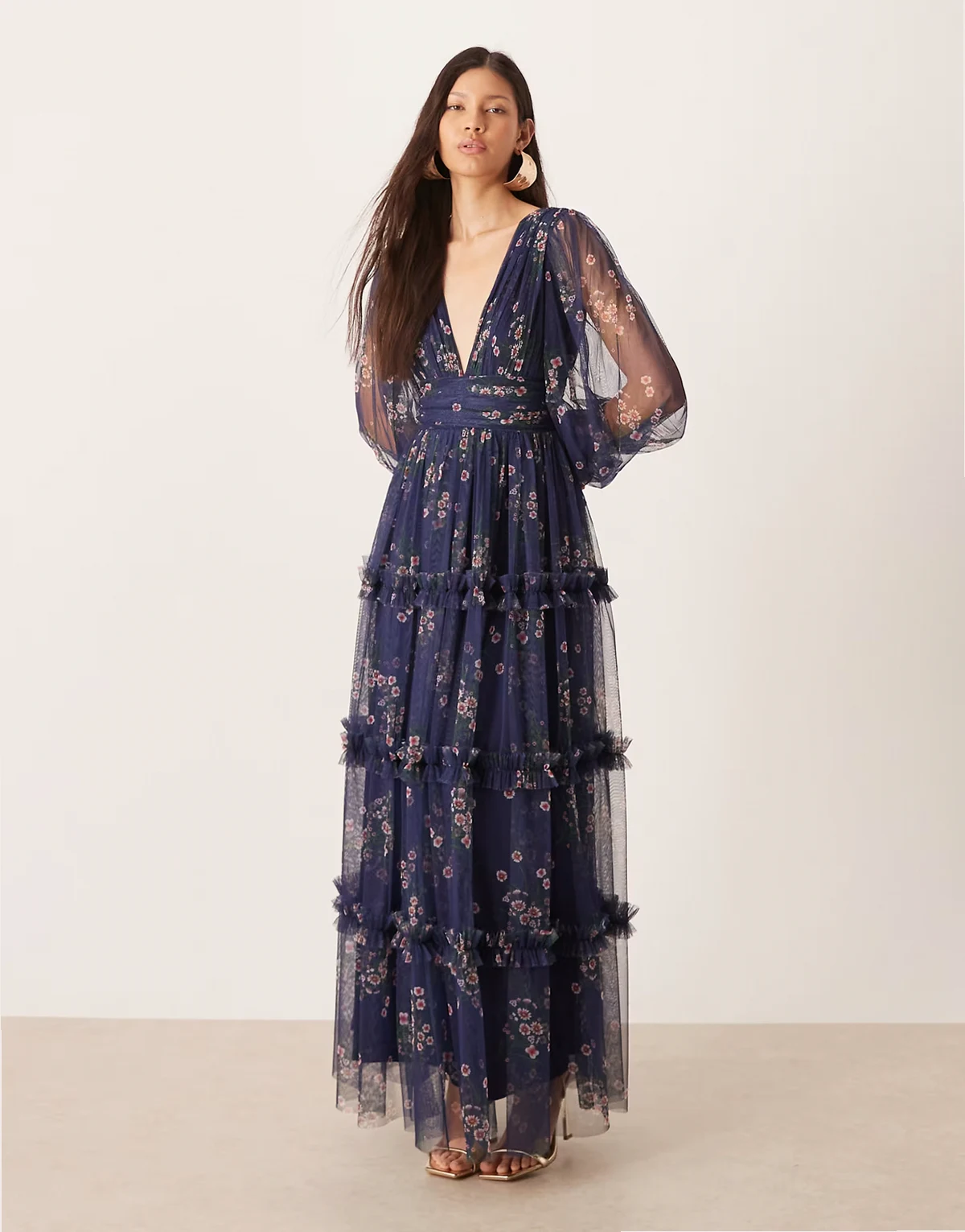 deep v-neck sheer bell sleeve maxi dress in navy floral