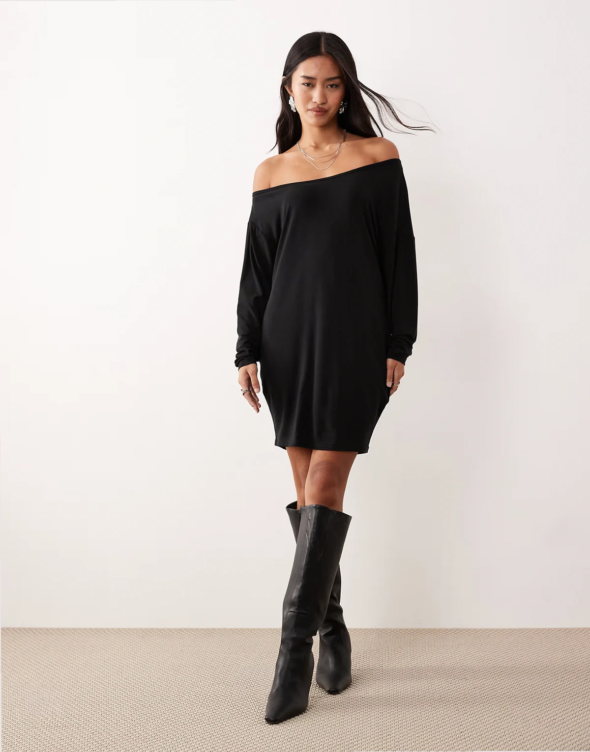 Shelisa slouchy off-shoulder mini dress in black