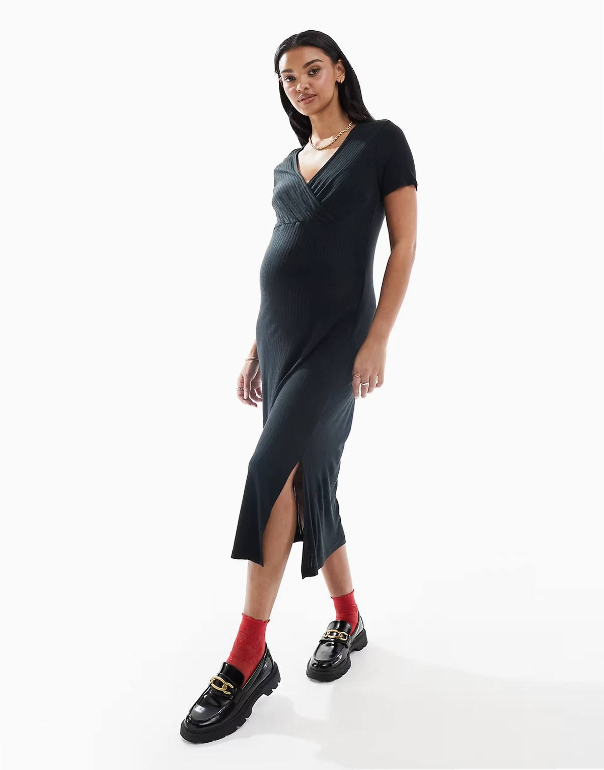 Mamalicious Maternity – Kurzärmliges, geripptes Jersey-Maxikleid in Schwarz, Umstandsmode