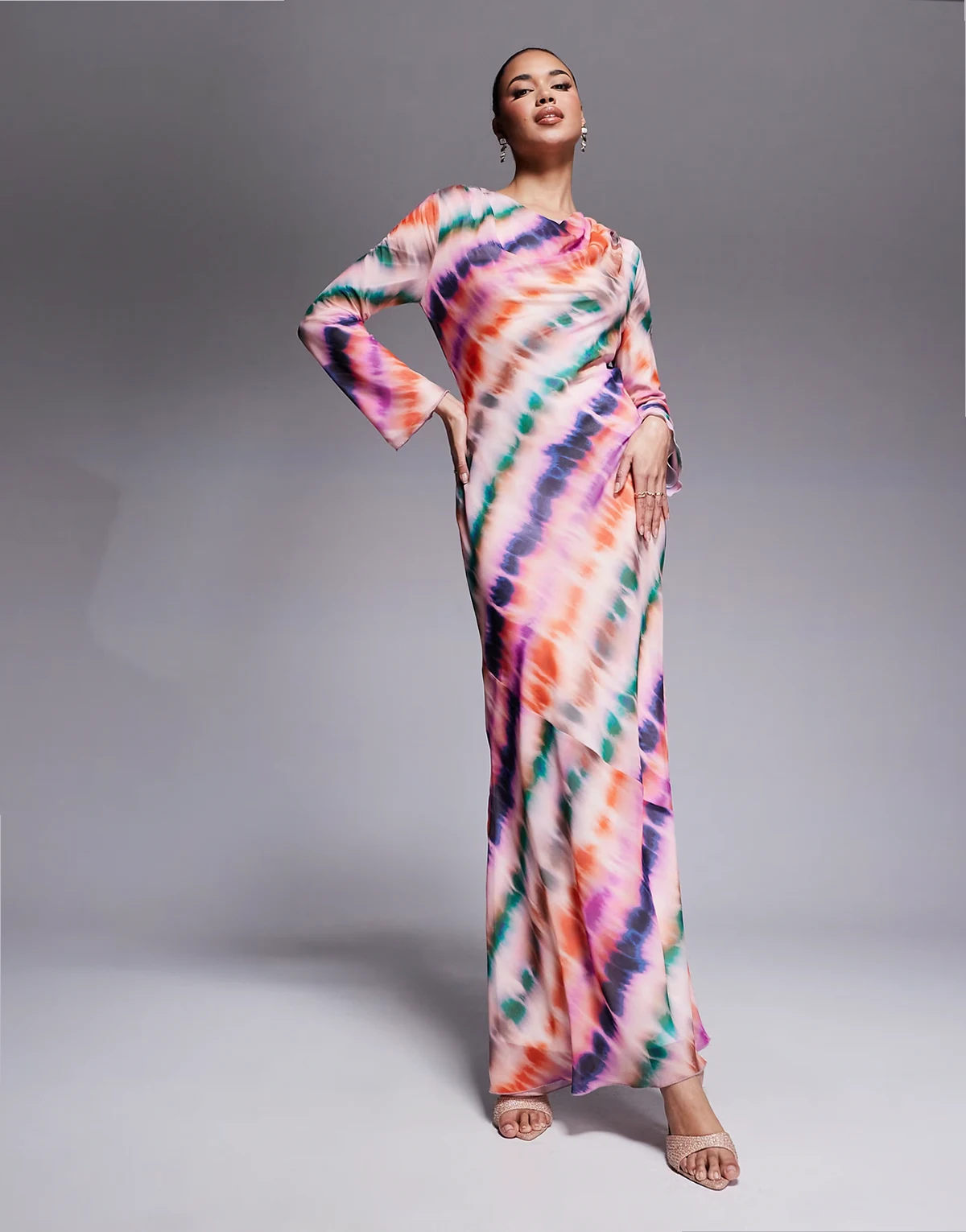 cowl neck chiffon maxi dress in pink abstract stripe