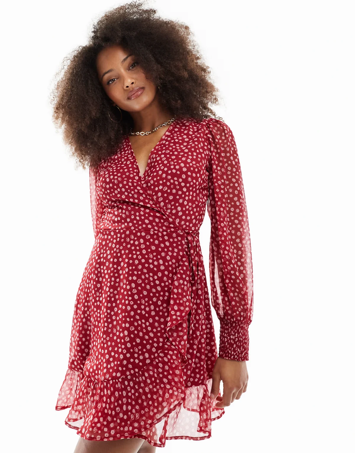 smudge dot ruffle wrap mini dress in cherry red