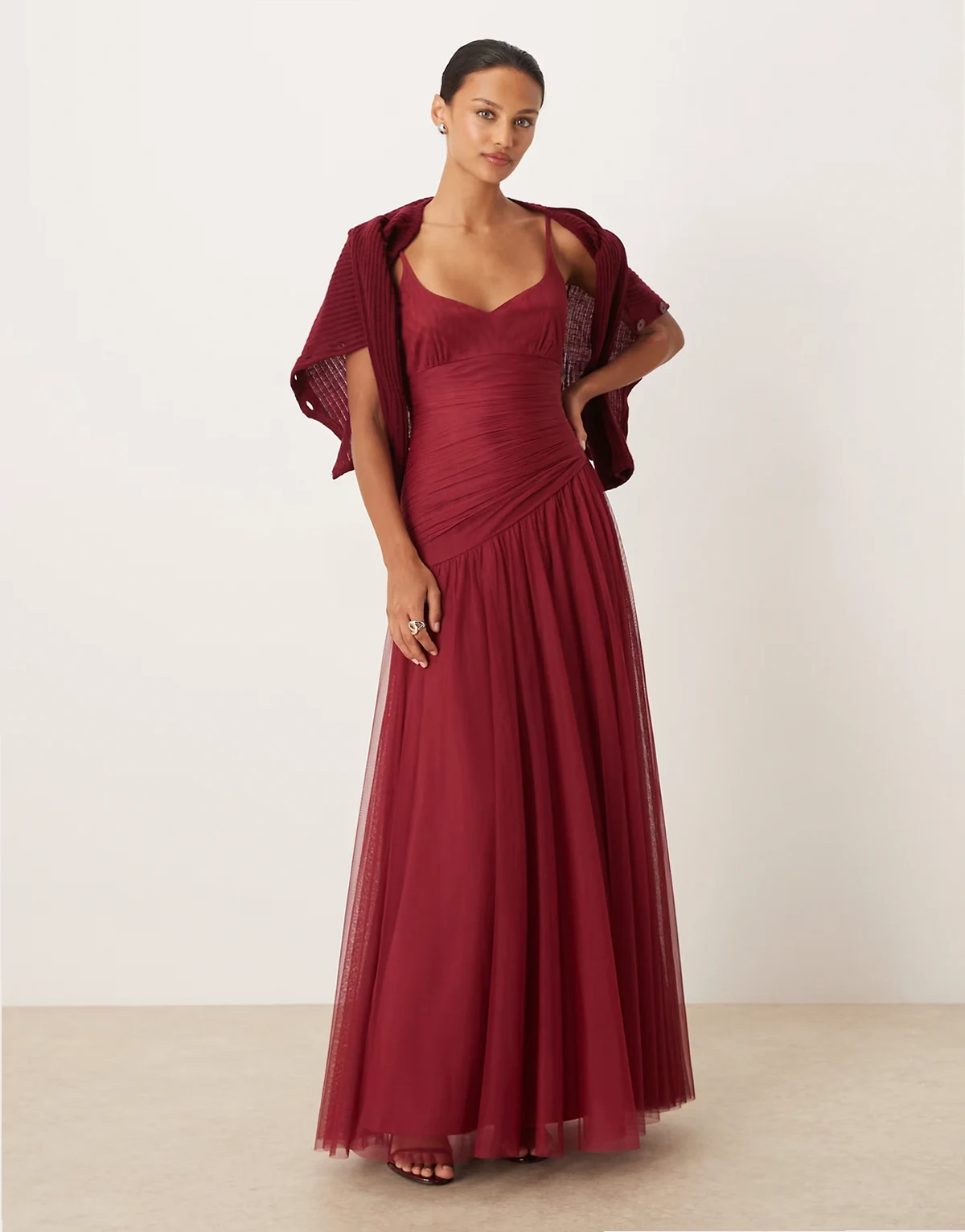 tulle cami sweetheart neck asymmetric drop waist maxi dress in raspberry