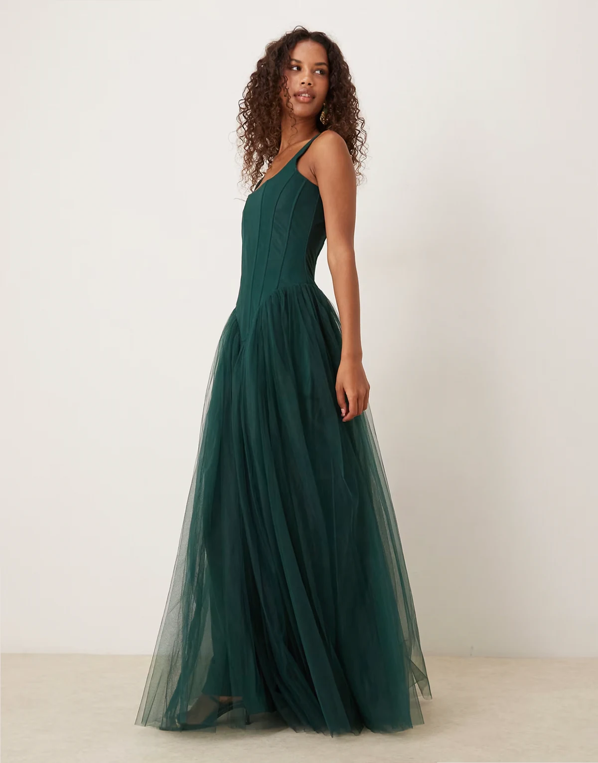drop hem corset maxi gown in dark green