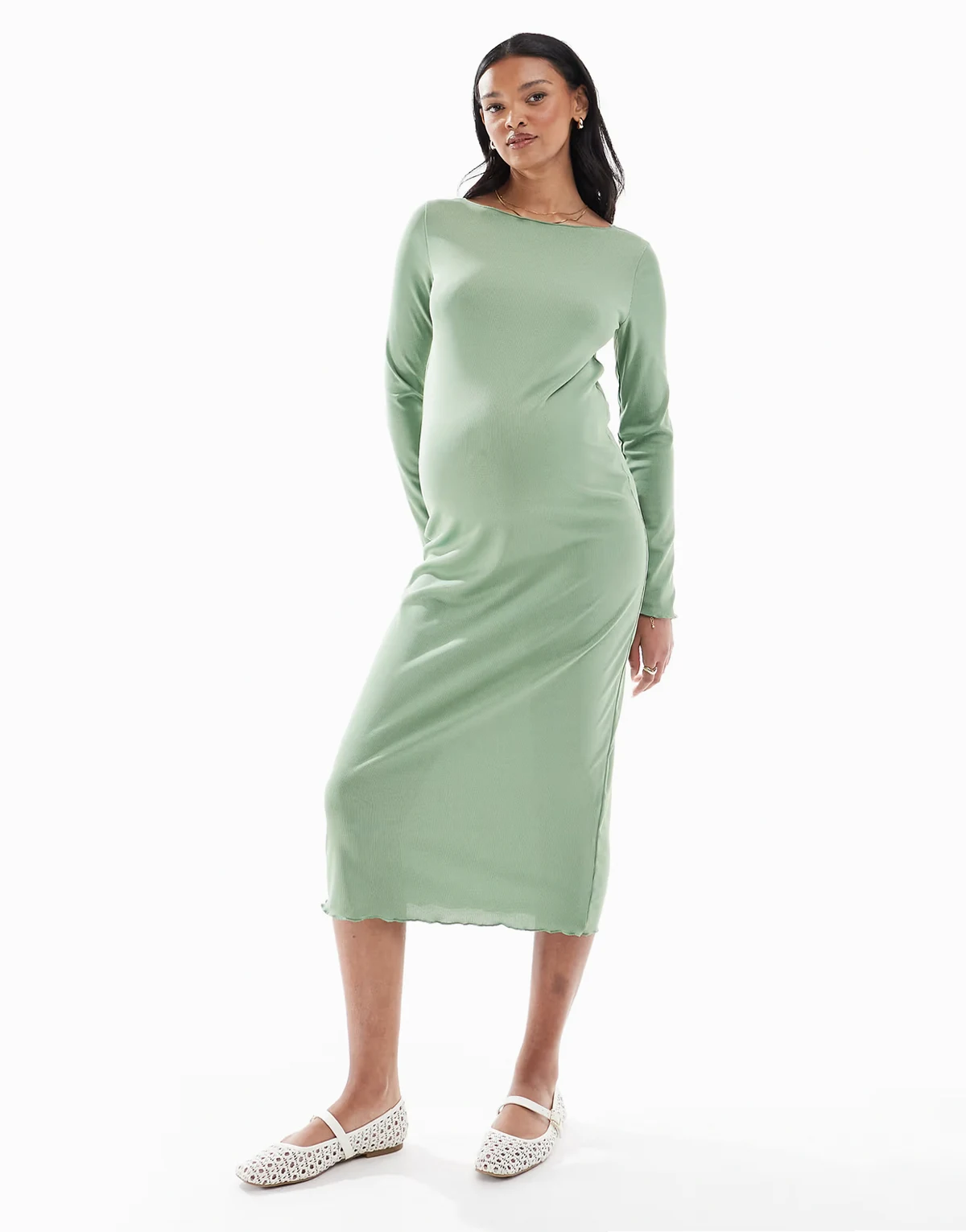 Mamalicious Maternity – Jersey-Midikleid in Khaki mit U-Boot-Ausschnitt