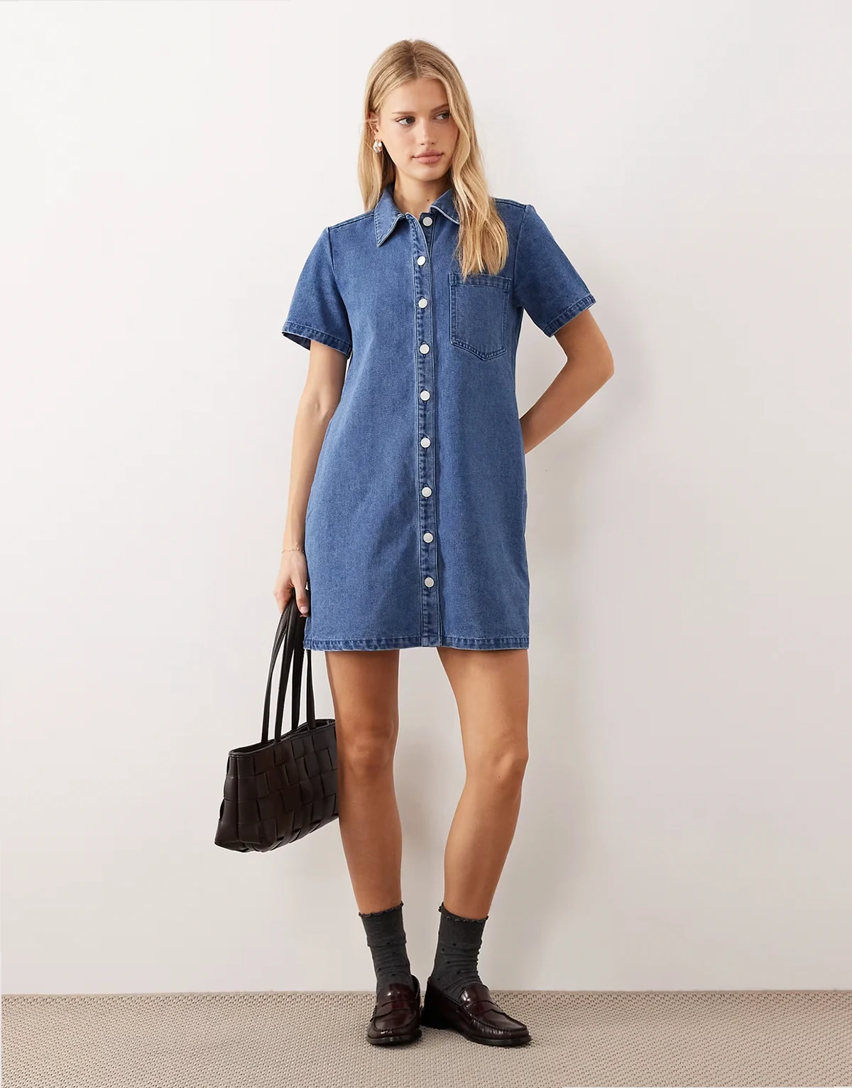 boxy denim dress in mid blue