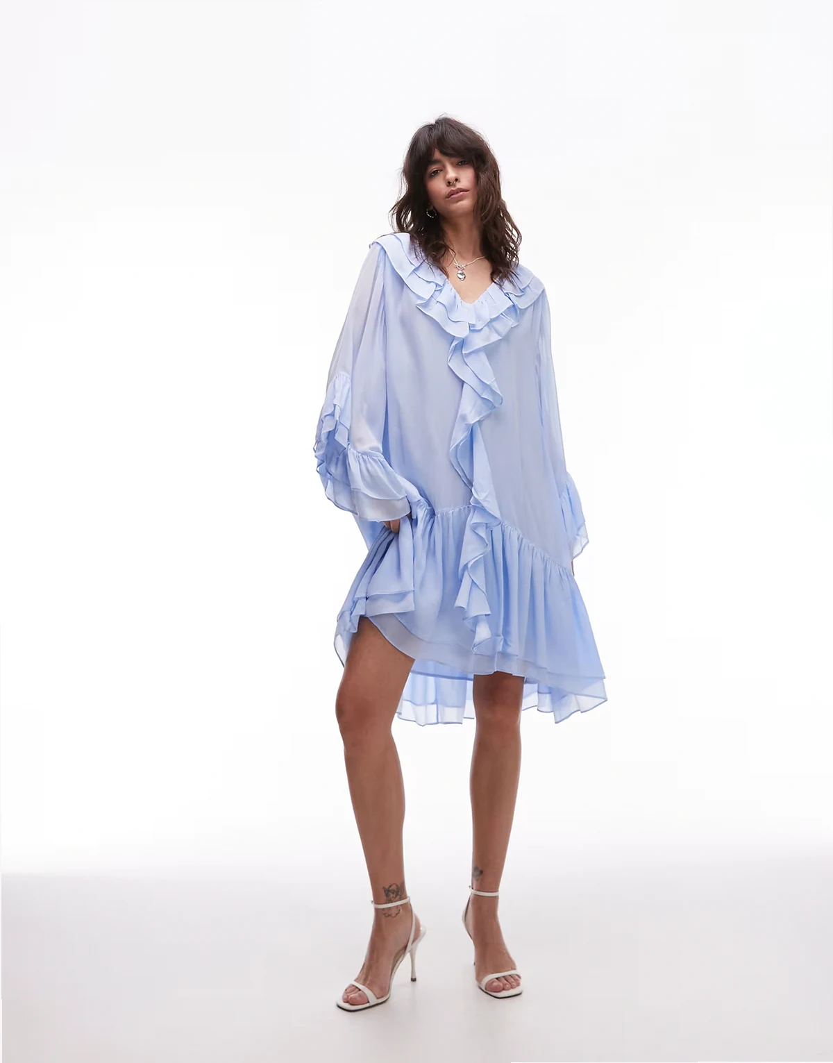 sheer chiffon mini dress with ruffles and tiered hem in soft blue