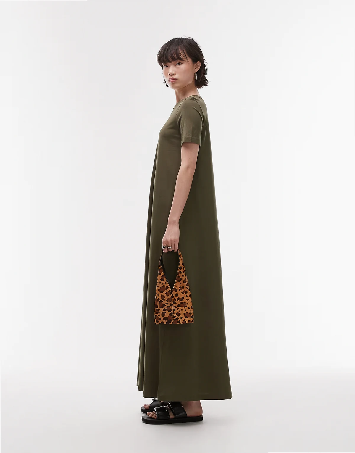 – Kurzärmliges Maxi-Säulenkleid aus reiner Baumwolle in Khaki