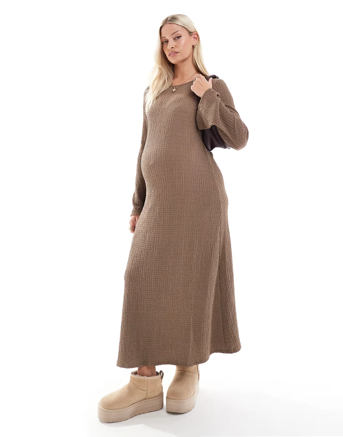 Mamalicious Maternity textured maxi dress with flared sleeve in taupe