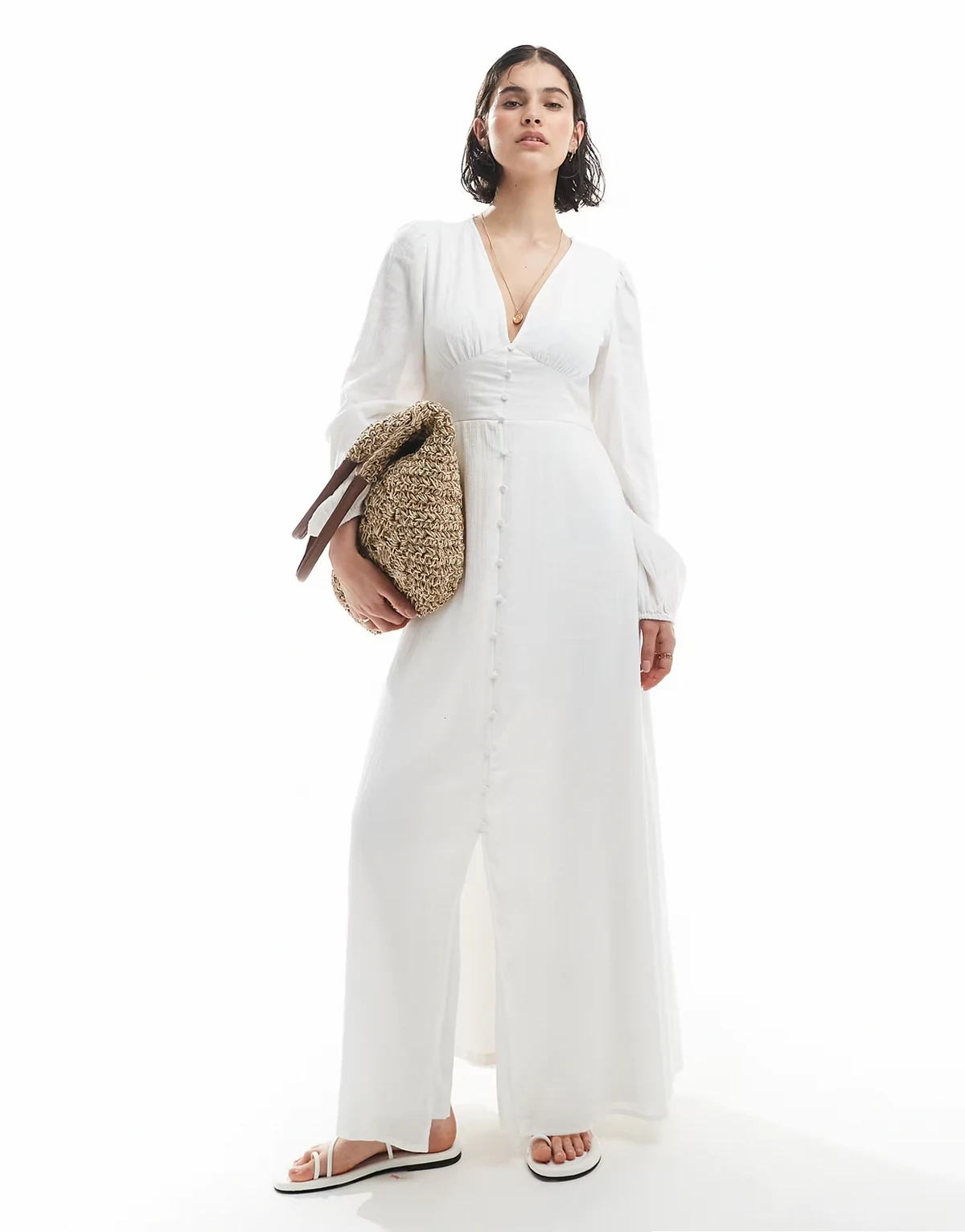 – Boho-Maxikleid aus Baumwolle in Weiß mit Blouson-Ärmeln und Knitteroptik