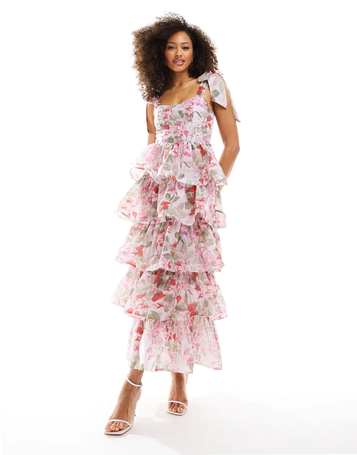 corset front tiered maxi dress in floral print