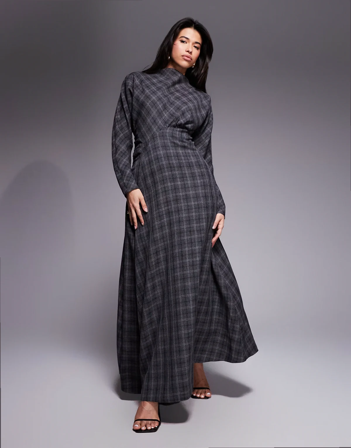 high neck batwing gathered waist maxi dress in gray tartan print