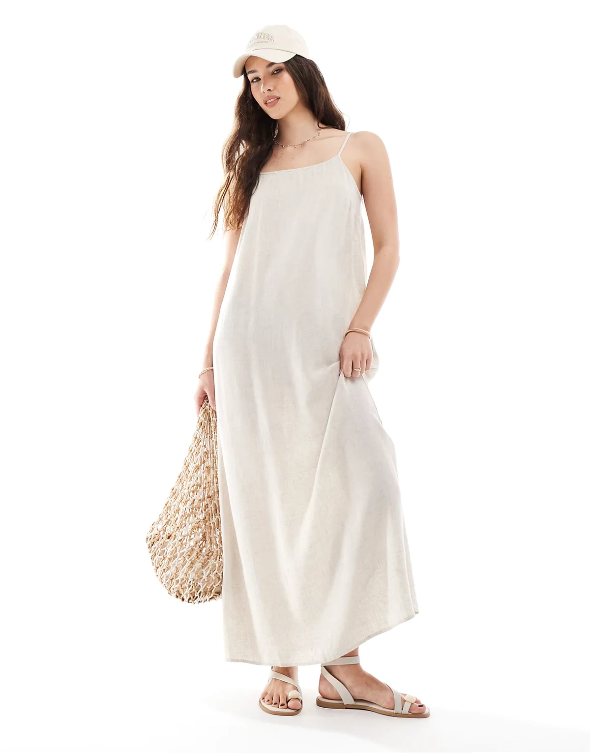 – Camisole-Maxikleid in Leinenoptik in Birken-Cremeweiß