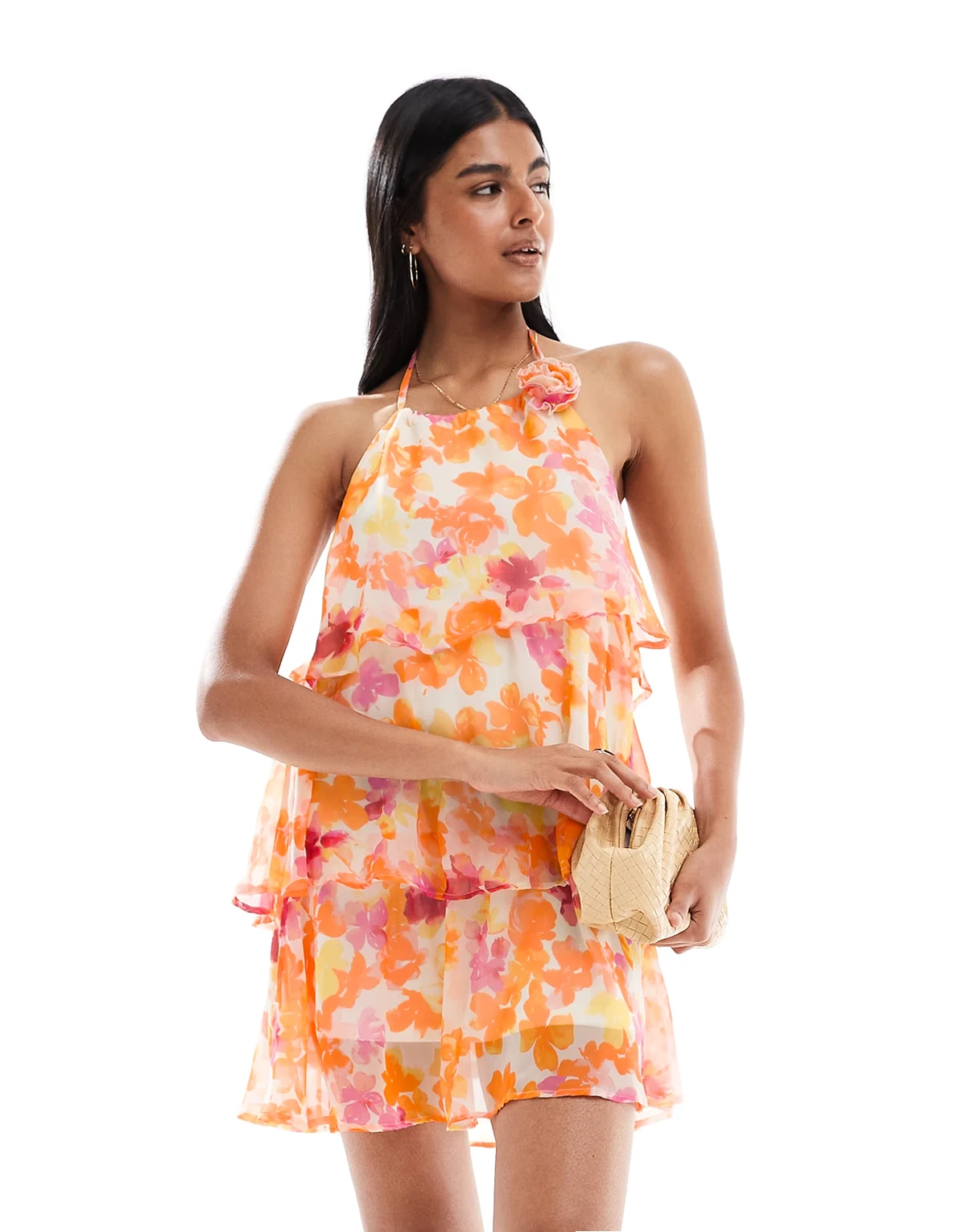 – Gestuftes Minikleid in Orange mit Blumenmuster und Rüschen
