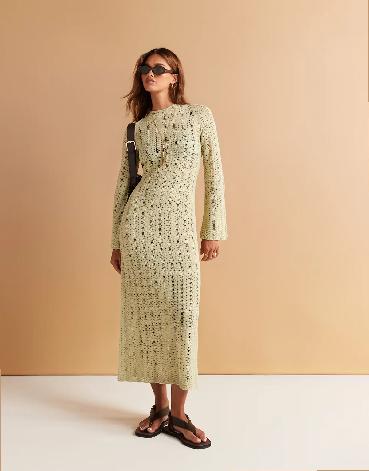 crochet knit maxi dress with open tie back in light green